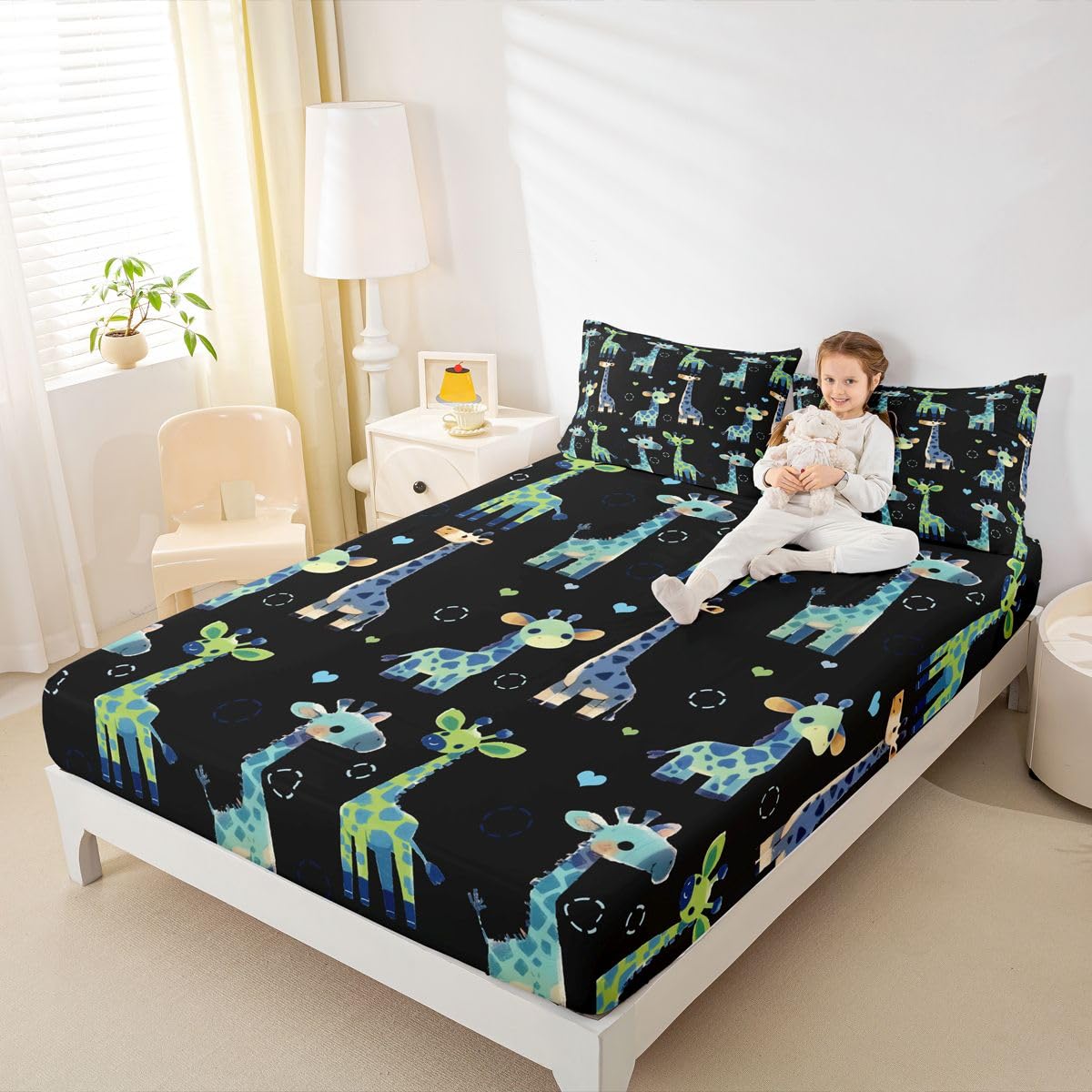 Erosebridal Giraffe Bed Sheets Full Black and Green Sheet Set for Kids Boys Girls Cartoon Kawaii Sheets Geometric Circle Wild Animal Flat Fitted Sheet 3 Pcs