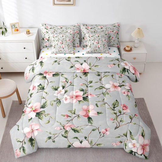 Erosebridal Hibiscus Comforter Set 7 Piece Bed in a Bag Twin,Garden Floral Tropical Plant Bedding Sets Botanical Shrubalthea Sheet Set with Comforter,Hibiscus Syriacus Tree Branches Leaf Bed Set
