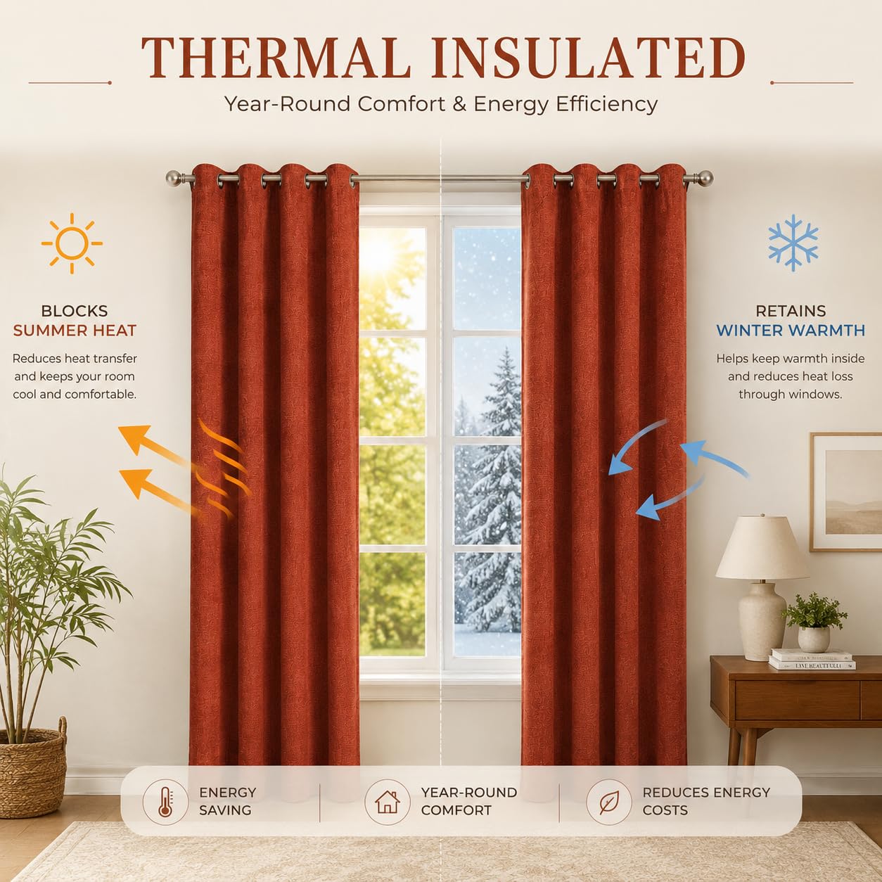 Fchozu 100% Blackout Curtains Set of 4 Panels, Grommet Drapes, Thermal Insulated and Noise Reducing Room Darkening Curtains for Bedroom Living Room (Dark Orange, 38 x 54 Inch)