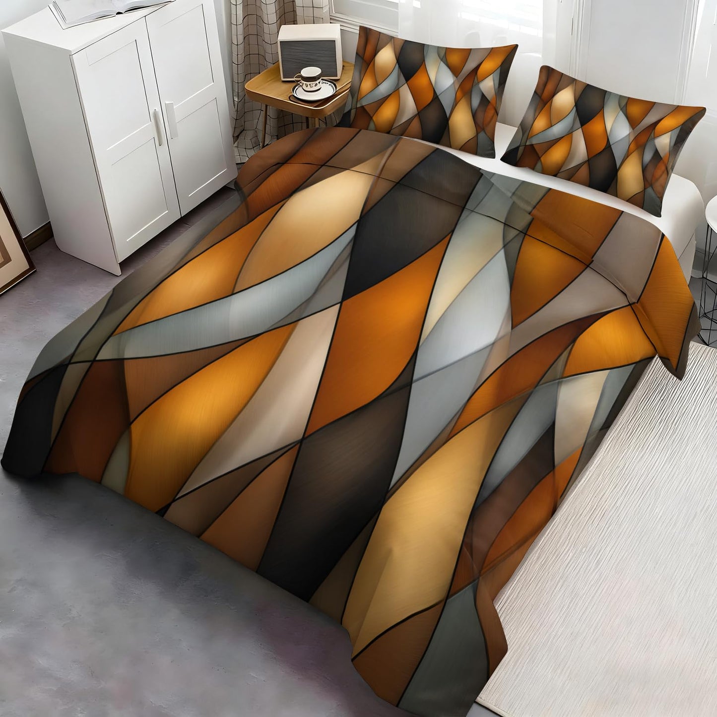 ZAOMIR Orange Black Geometric Stripes Duvet Cover Twin Size, Mid Century Modern Geometrics Lines Bedding Set 3 Piece, Ombre Abstract Striped Patterned Comforter Cover with Zipper, 2 Pillowcases