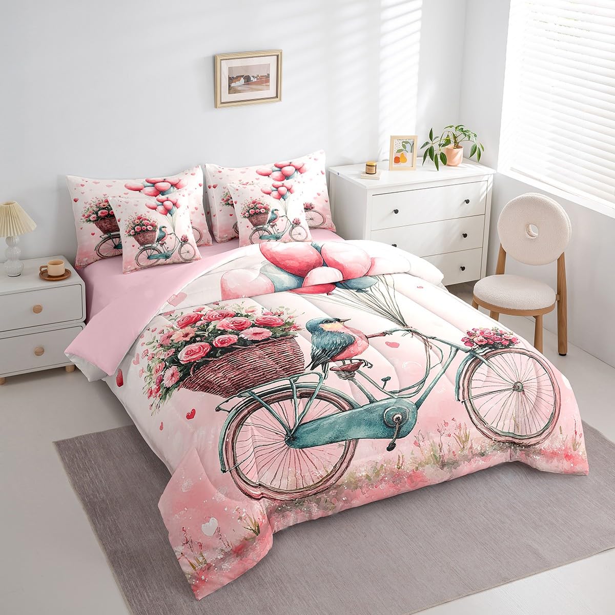 Erosebridal Romantic Valentine's Day Full 7 Piece Bedding Set Cardinal Bicycle Bed in A Bag Pink Roses Balloon Comforter Set for Girls Teen Women,Cute Cartoon Animal Love Heart Bed Set