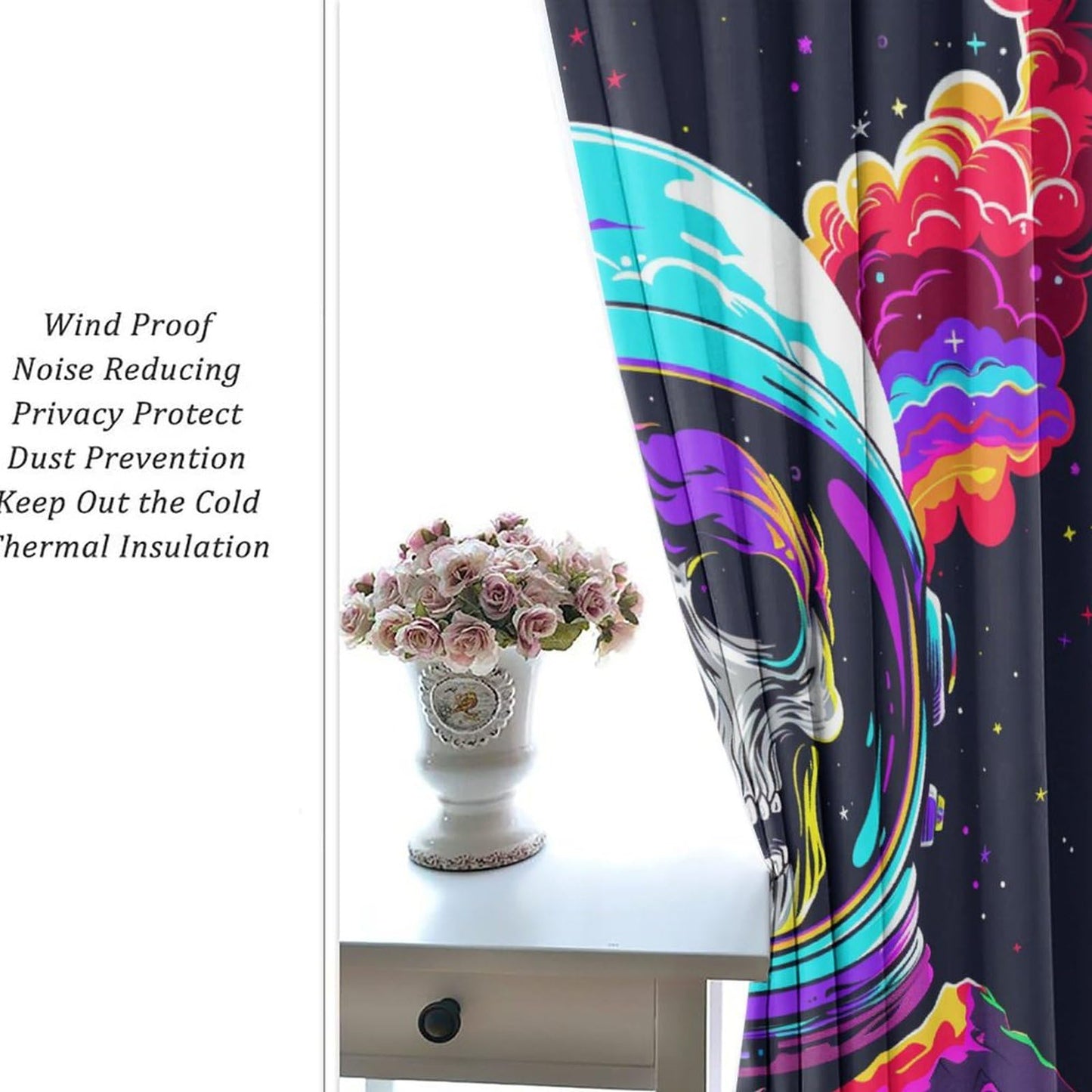 HDESDIS Abstract Gothic Skeleton Curtains for Bedroom, Skull Space Star Astronaut Grommet Blackout Curtains Thermal Insulated Window Drapes for Living Room, 21W x 45L, 2 Panels