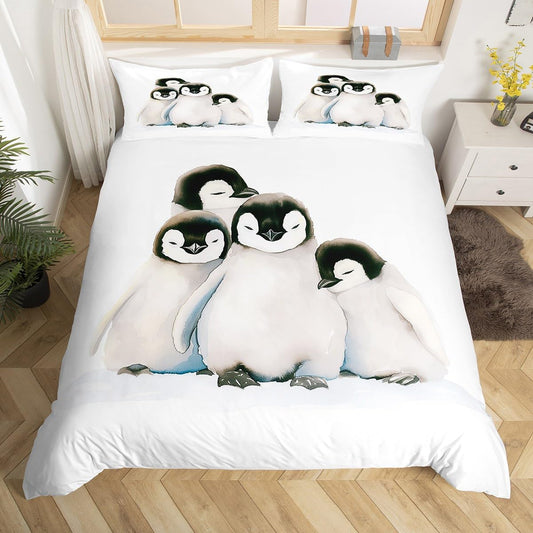 Erosebridal Cute Penguin Comforter Cover Cartoon Penguin Duvet Cover Gray Watercolor Tie Dye Bedding Set Antarctic Wildlife Quilt Cover, White Room Decorative 3 Pcs King Size, Lightweight