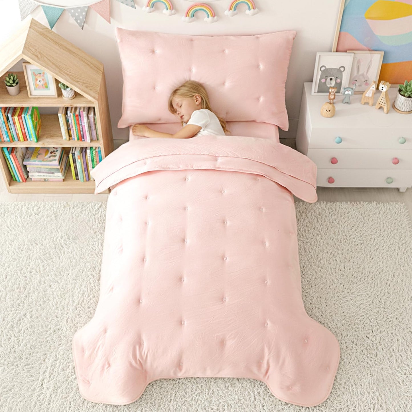 DreLunis Pink Toddler Bedding Sets for Girls, 4 Pieces Bed-in-a-Bag for Toddler Girl, Soft Microfiber Lightweight Breathable Toddler Bed Comforter with Flat Sheet, Fitted Sheet, Envelope Pillowcase
