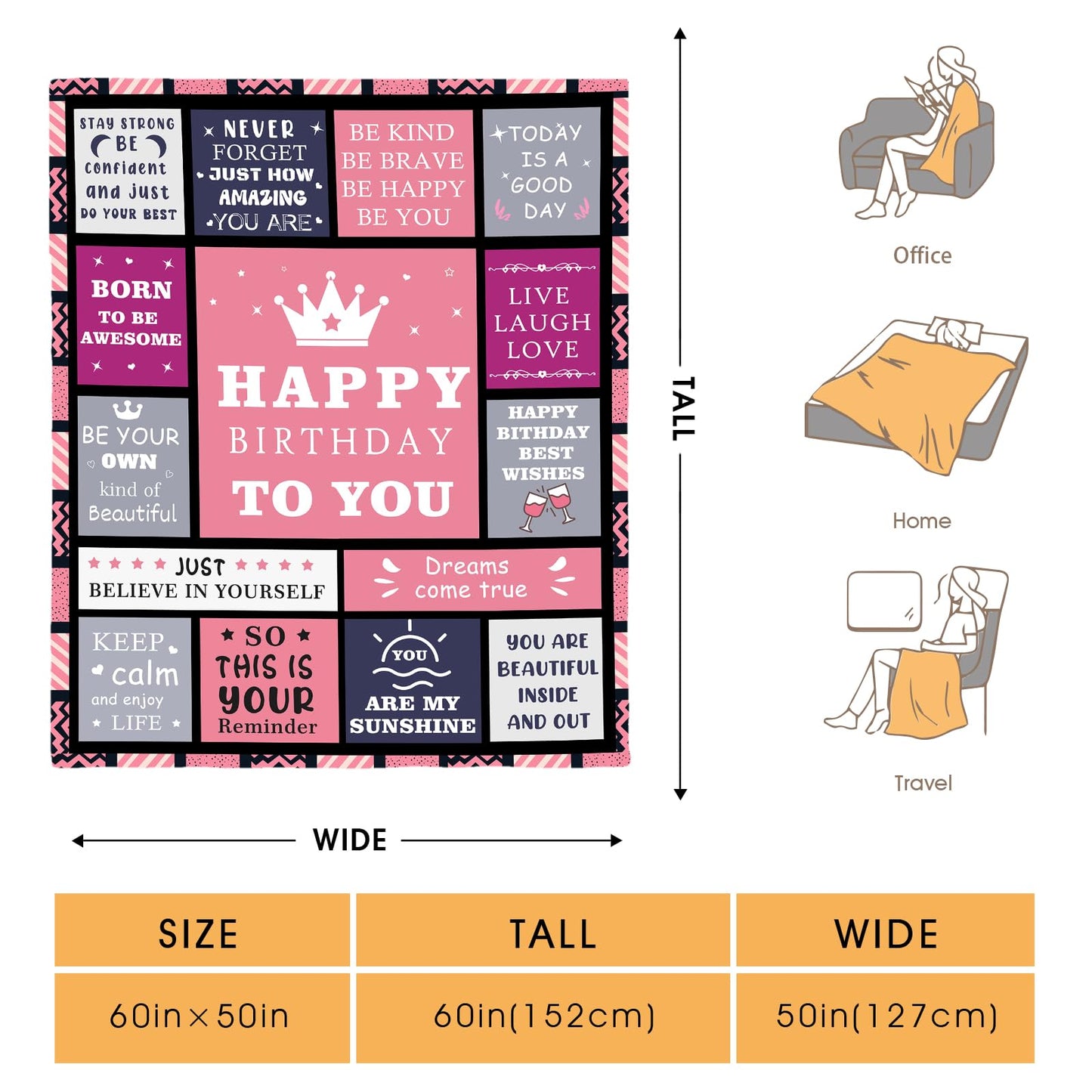Hohoto Happy Birthday Blanket for Grils Women, Best Wishes Inspirational Birthdays Gifts for Mom Sister Bestie,Bday Present Decorations for Bed Sofa Couch 50"x60"
