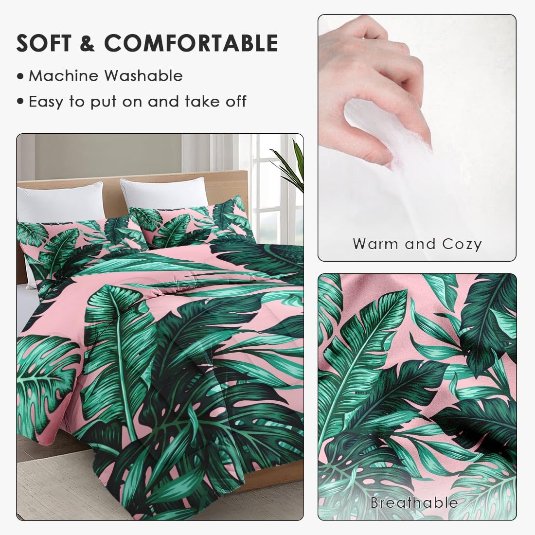 WeCozy Queen Size Comforter Set with 2 Pillowcases, Tropical Green Leaves Pink Leaf Soft 3 Pcs Bedding for Kids and Adults Bedroom Bed Decor