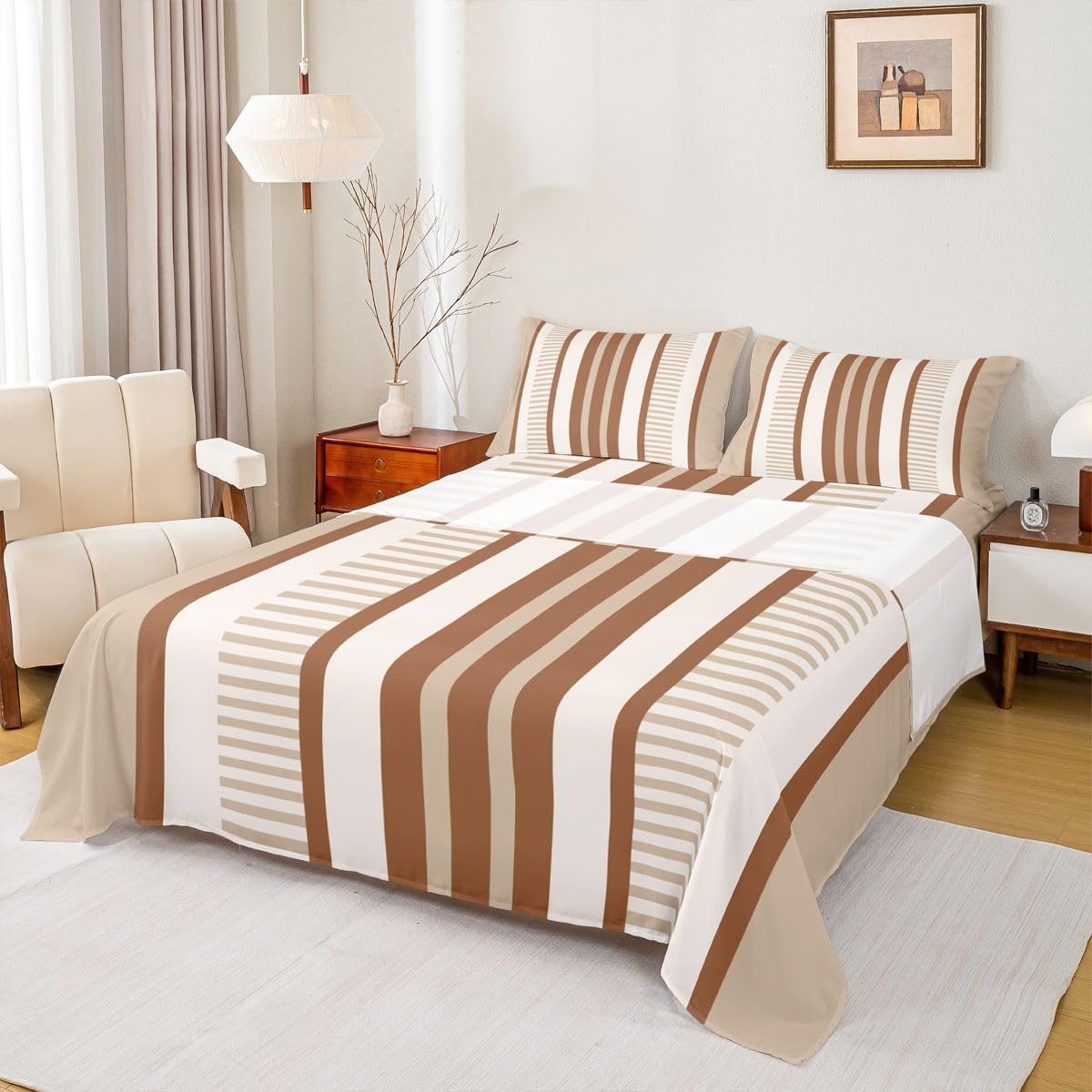 jejeloiu Modern Geometric Bed Sheets Sets Full Size Kids Boys Girls Striped Bedding Set Beige Brown Bed Sheet Set with 16-Inch Deep Pockets Checkered 4Pcs with 2 Pillow Cases