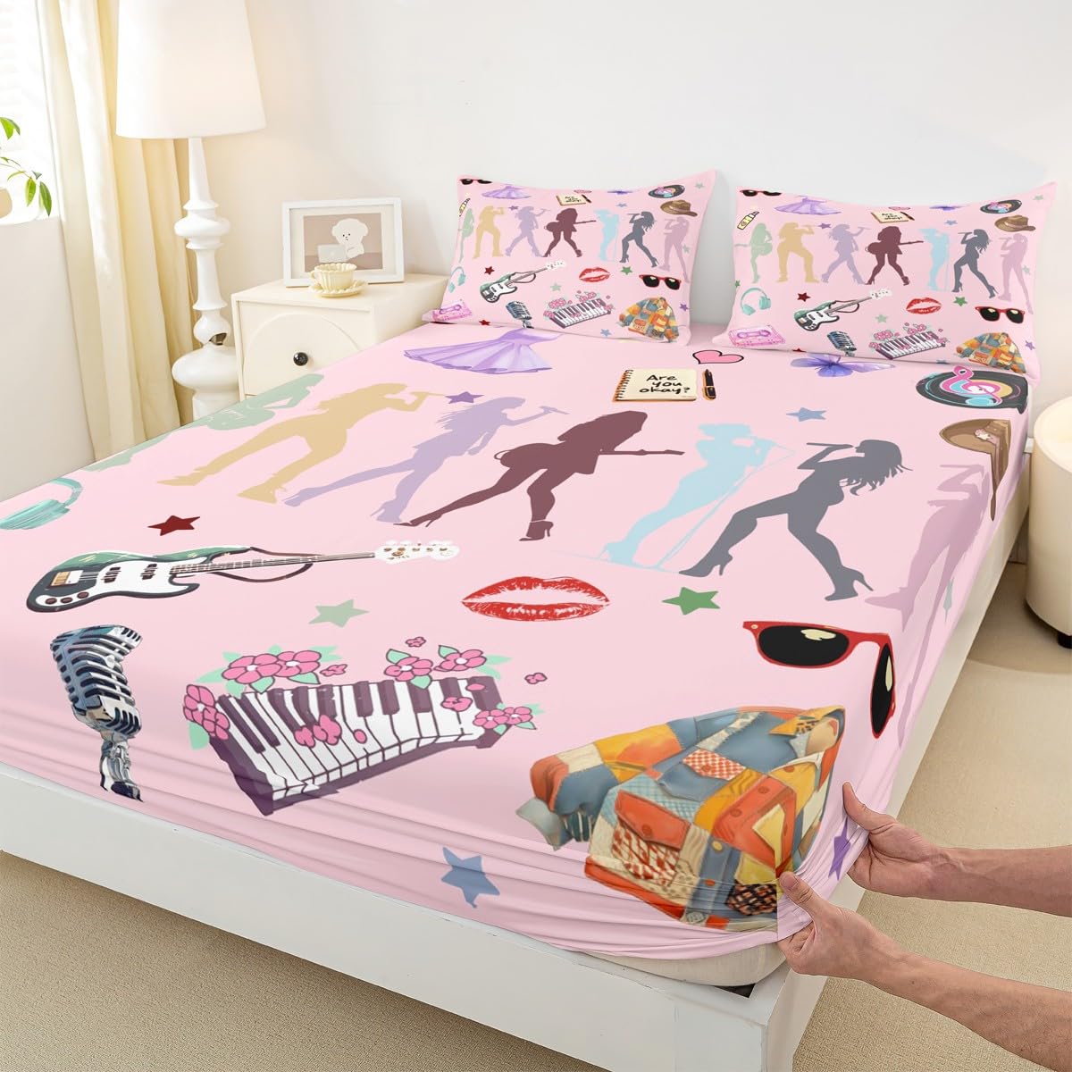 Erosebridal Pink Music Themed Bed Sheets King Girly Guitar Keyboard Sheet Set for Kids Boys Girls Disco Ball Snake Floral Sheets for Music Lovers Stylish and Modern Gifts Fitted Flat Sheets 4 Piece