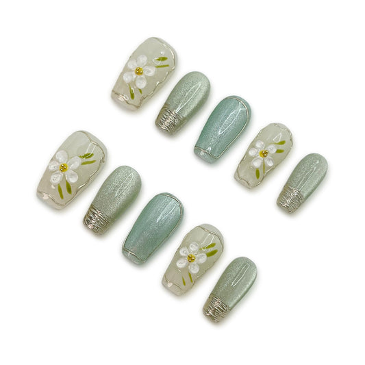 Yabonica Handmade Press On Nails Short,10pcs Acylic Flase Nails Press ons with 3D Nail Art Gel Hand-Painted Design,Nature&Lasting Stick On Nails for Woman Girls Daily Party&Wedding Wear Gift (002S)