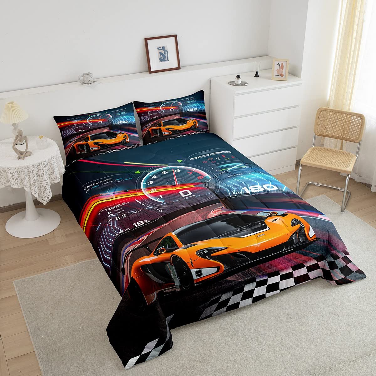 Feelyou Race Car Bedding Set Boys Extreme Sports Comforter Set for Kids Boys Cool Car Comforter Car Sports Quilt Set 1 Comforter Set with 2 Pillowcases Full Size