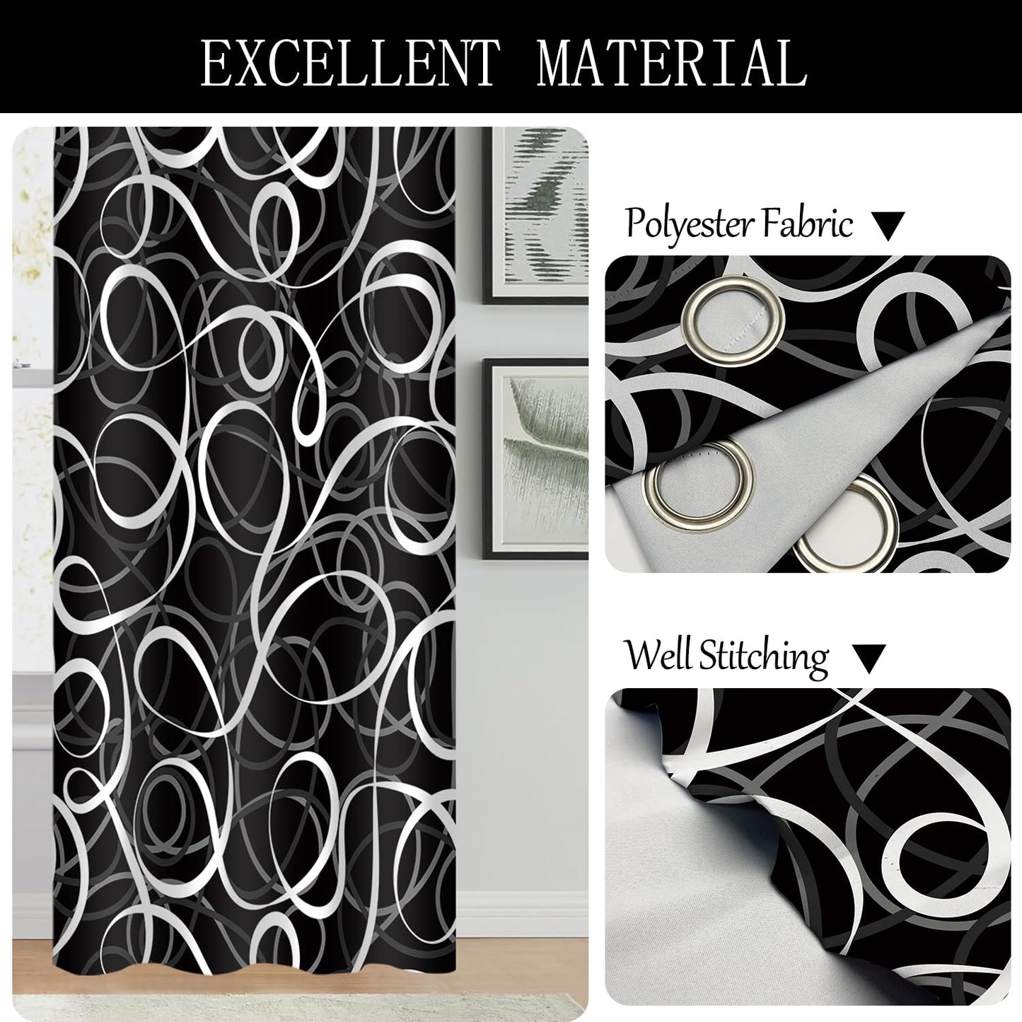 JAZEAOI Black White Geometric Blackout Curtains, Modern Abstract Grey Black Out Window Drapes for Bedroom Living Room Grommet Thermal Insulated Room Darkening Decor, 2 Panels 52x84 Inches