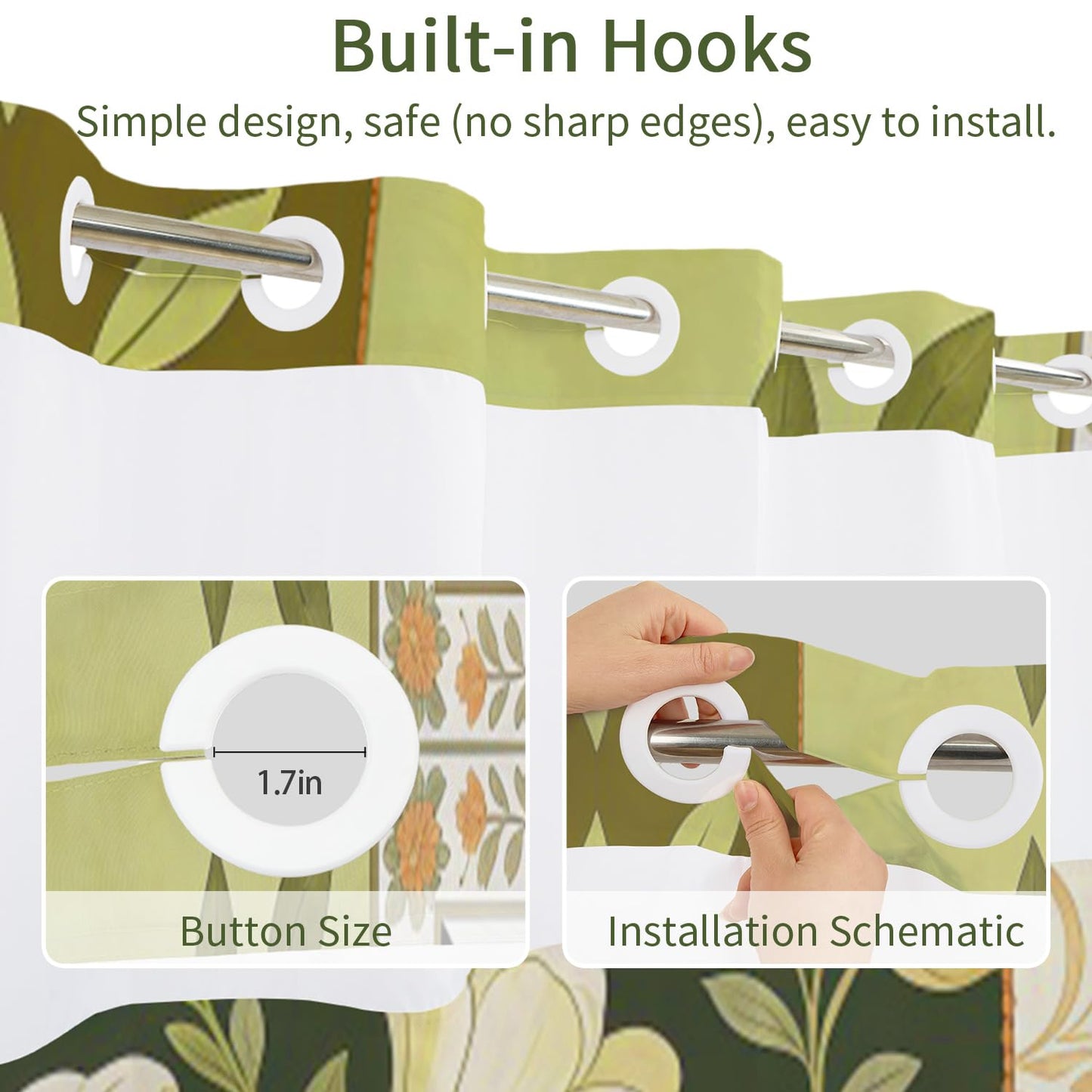 NAEMBCU Boho Floral No Hook Shower Curtain with Snap in Liner Set 71x74 in