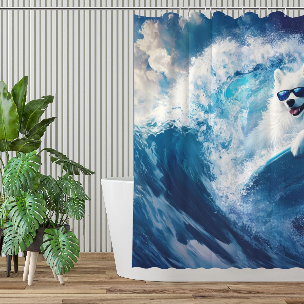 KEEPAEON Surfing Samoyed Shower Curtain, 72x72 Inch, Waterproof Polyester Fabric with 12 Hooks, Fun Beach-Themed Bathroom Decor Summer Shower Curtain