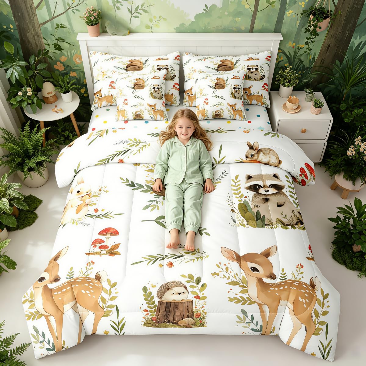 Erosebridal 7 Pcs Woodland Animals Kids Bedding Set Twin Cute Forest Raccoon Bear Deer Comforter Set with Sheets for Boys Girls Teens Jungle Safari Animals Bed in A Bag Botanical Mushroom Bed Sets