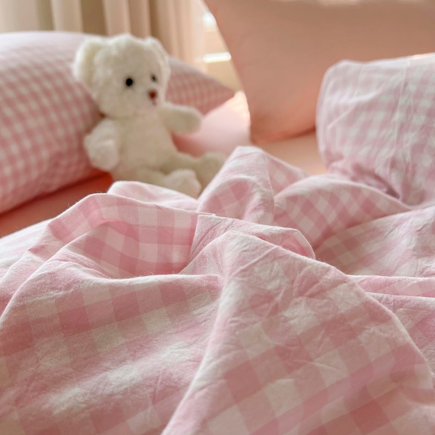 VM VOUGEMARKET Pink Gingham Duvet Cover Set for Girls, Queen Size