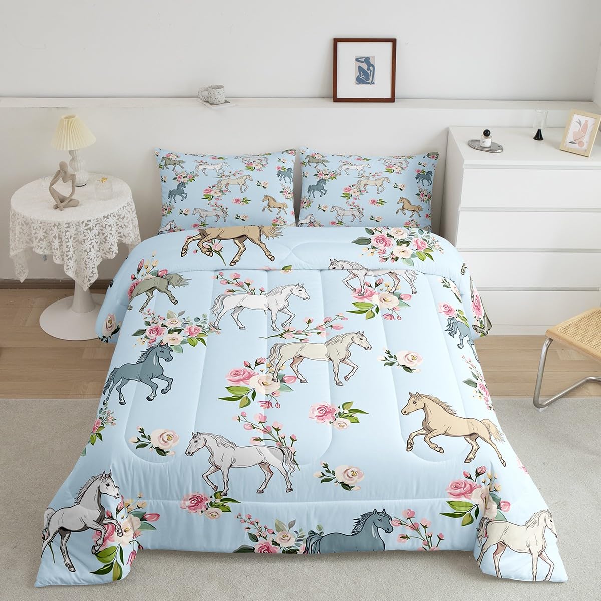 Erosebridal Horse Quilt Queen Size, Farmhouse Western Cowboy Cowgirls Duvet Insert for Kids Boys Girls Teens, Cartoon Kawaii Horse Bedding Set, Rustic Rose Floral Comforter Set + 2 Pillow Cases
