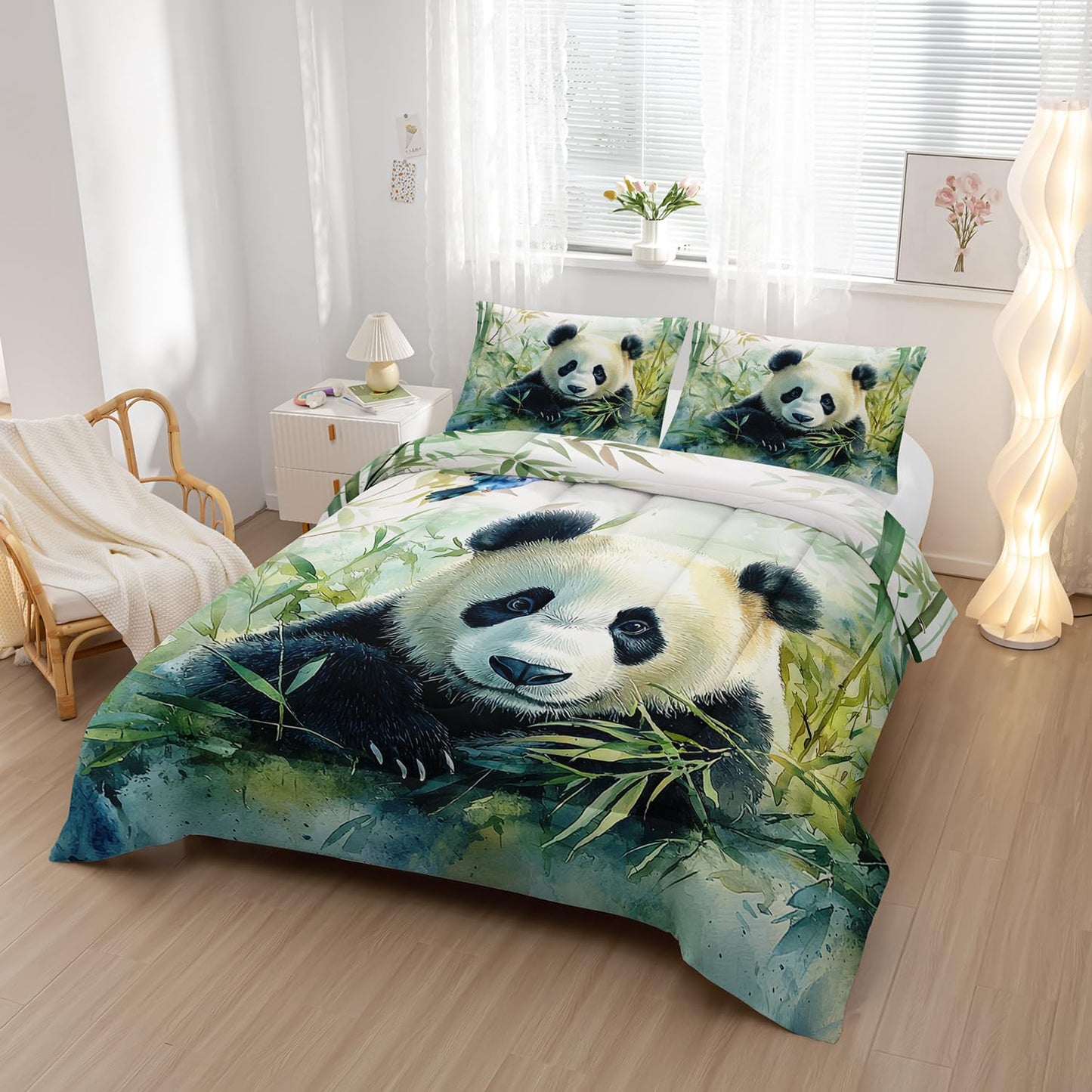 Nttopship Cute Panda Bedding Set 3 PCS Kids Panda Comforter Set Twin Size for Kids Boys Girls Animal Theme Comforter Kawaii Animal Soft Machine Washable Green 1 Comforter with 2 Pillowcases