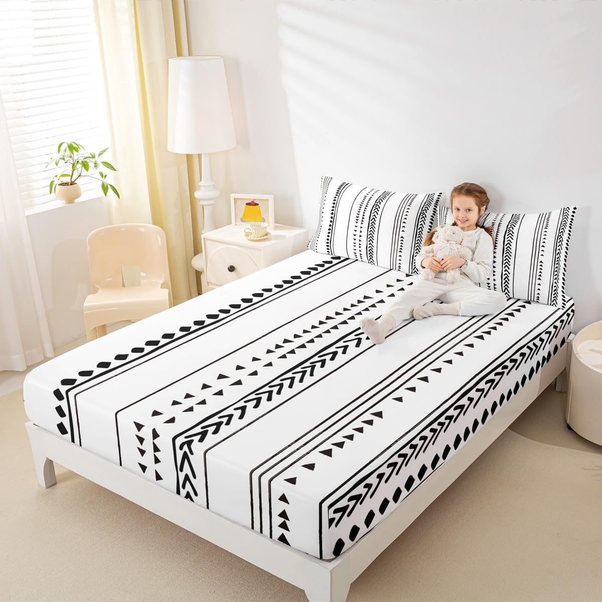 Erosebridal Boho Aztec Fitted Sheet King Size,Bohemian Geometric Stripe Bedding Sets for Kids Teens Adults,Black Simple Bed Sheet Set Soft Microfiber Sheet Set 3 Piece for Bedroom White