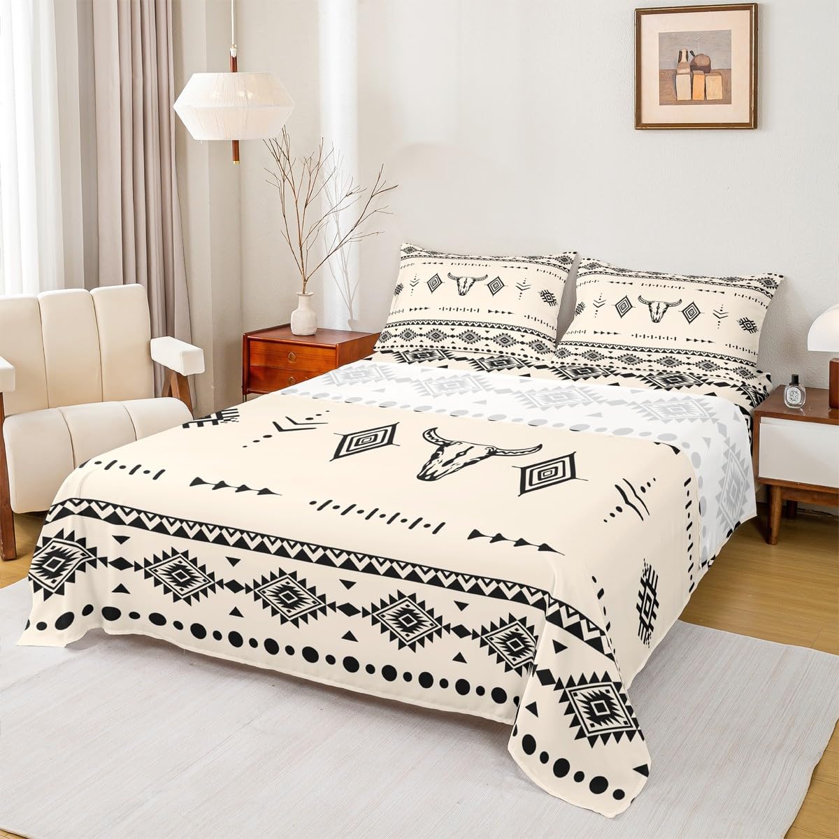 Erosebridal Full Size Western Cowboy Flat Fitted Sheet, Bull Skull Bed Sheets Set for Boys Girls Men Room Decor, Boho Aztec Ethnic Horns Bedding Set, Southwestern Native Bed Sets