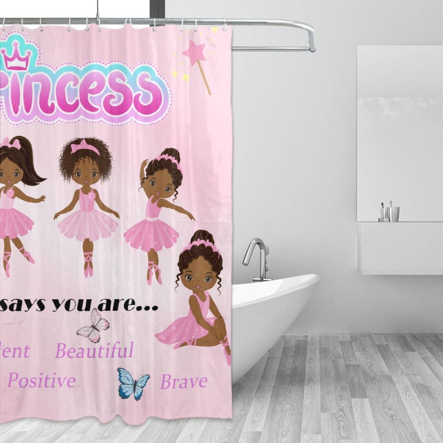 DDCBNS Ballerina Princess Pink Shower Curtain,Cute Cartoon Black Girls Print Shower Curtain for Bathroom Decor Fabric Waterproof Upholstery Hook 66x72 Inches