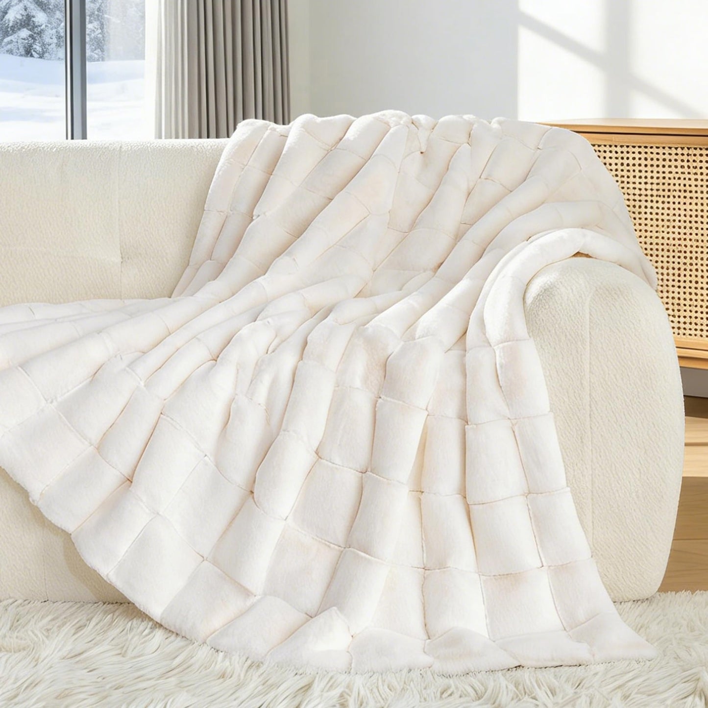 Touchat Faux Fur Throw Blanket, Luxury 1000GSM Ultra Thick Warm Rabbit Blanket for Couch Bed Sofa, 3D Checkered Pattern Soft Winter Heavy Minky Fluffy Blankets for Women Christmas Birthday Gift, White