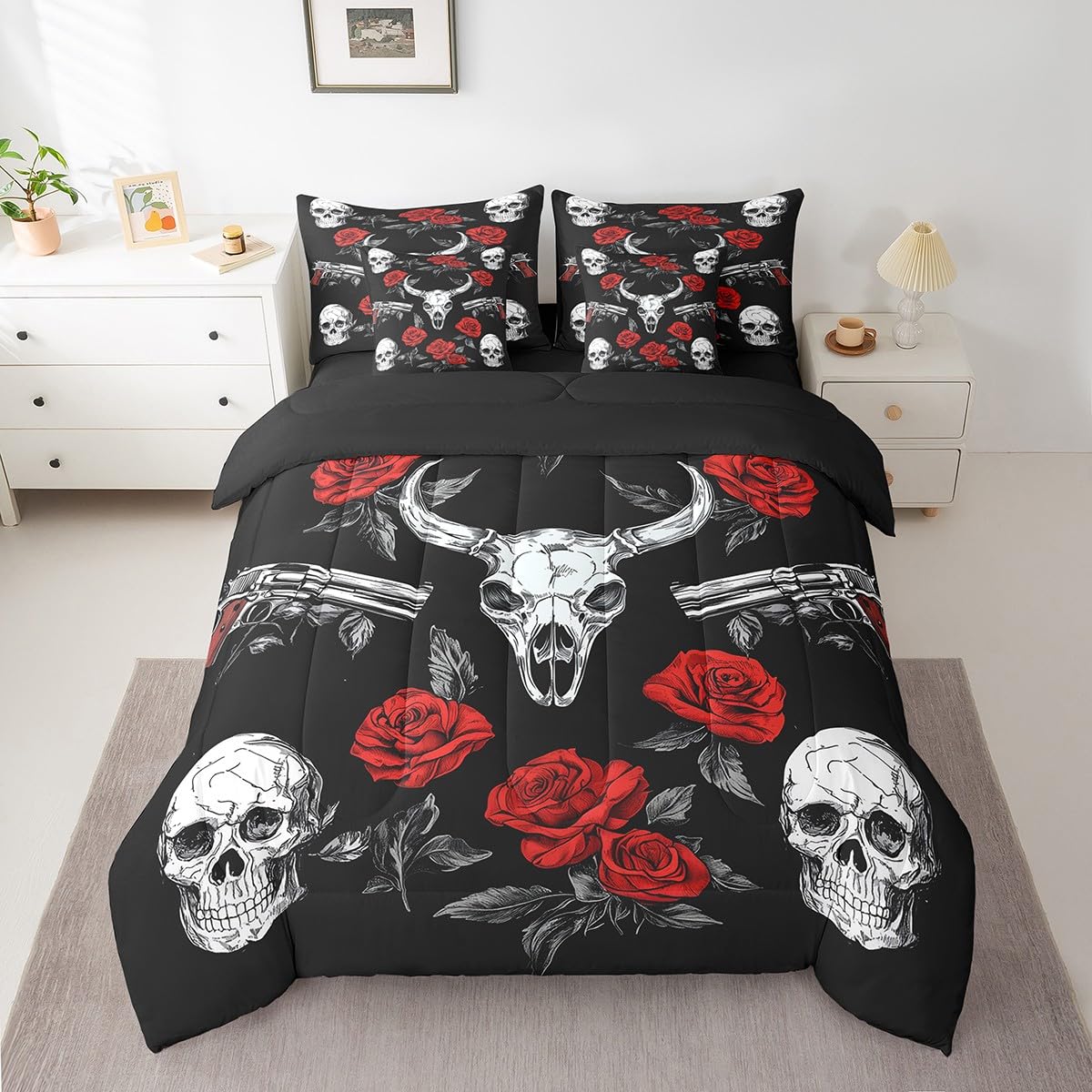 jejeloiu Cow Skull Comforter Set with Sheets Twin Size Kids Gothic Skull Skeleton 7 Pieces Bedding Set for Boys Girls Teens Rose Gun Bed in a Bag Breathable Western Bed Set Room Decor