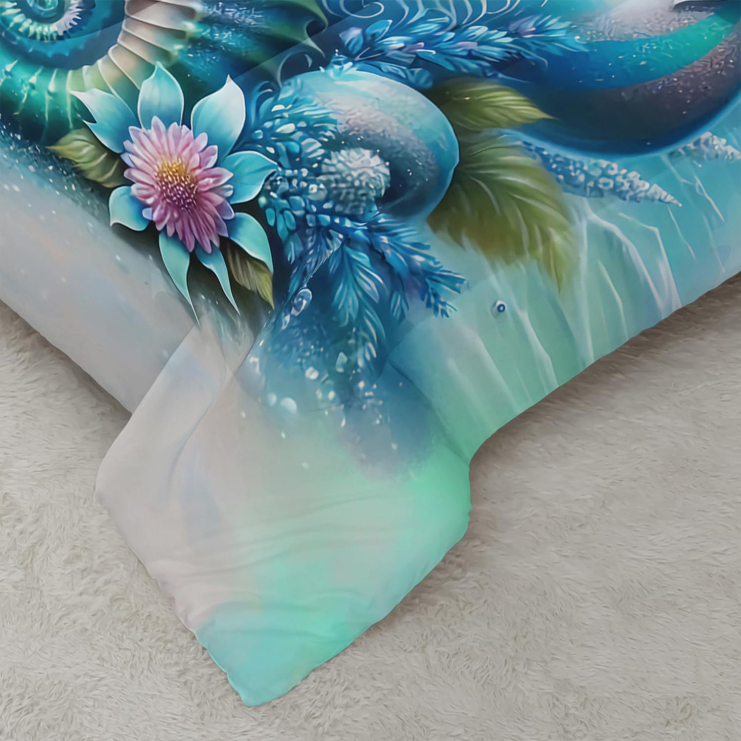 Green Seahorse Comforter 3Pcs Twin Tie-dye Blue Ocean Animal Bedding Set