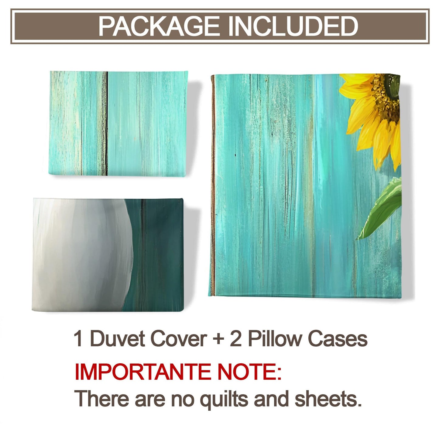 PAISUOQ Rustic Bedding Sets, Sunflowers Duvet Cover Queen, Teal Wood Grain Comforter Cover with Zipper Ties, 3 Pieces with 2 Pillowcases, Home Decor & Gifts