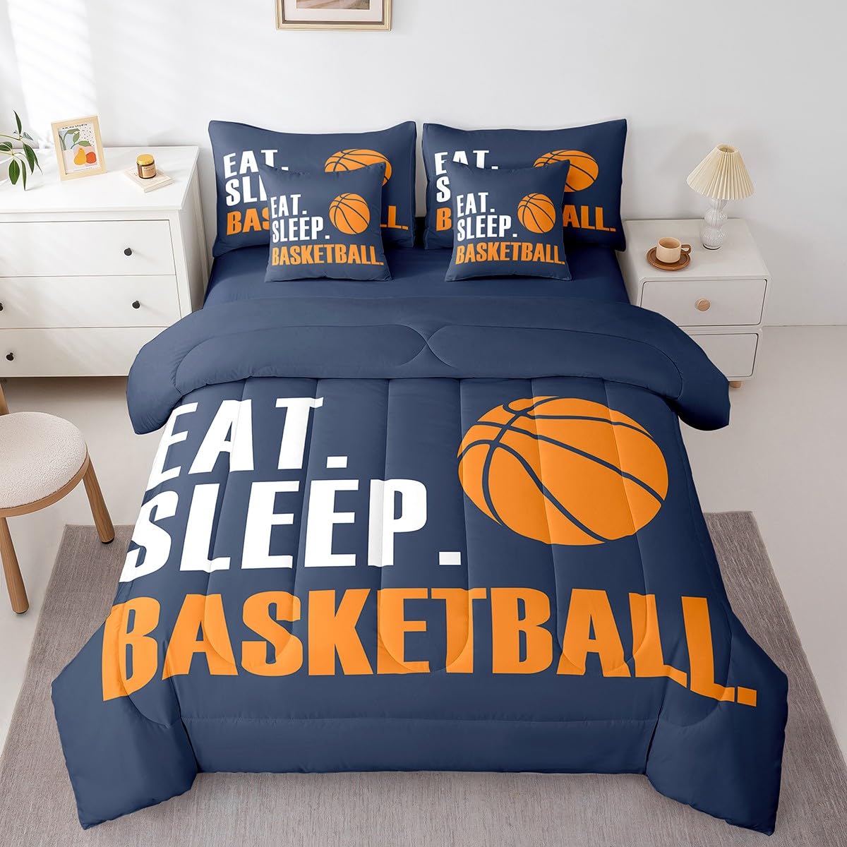 Feelyou Basketball Comforter Set 7 Piece 3D Ball Sports Bedding Twin Comforter Set for Boys Girls Women Men Blue Eat Sleep Basketball Bedding Set Ball Games Room Decor Bed in a Bag