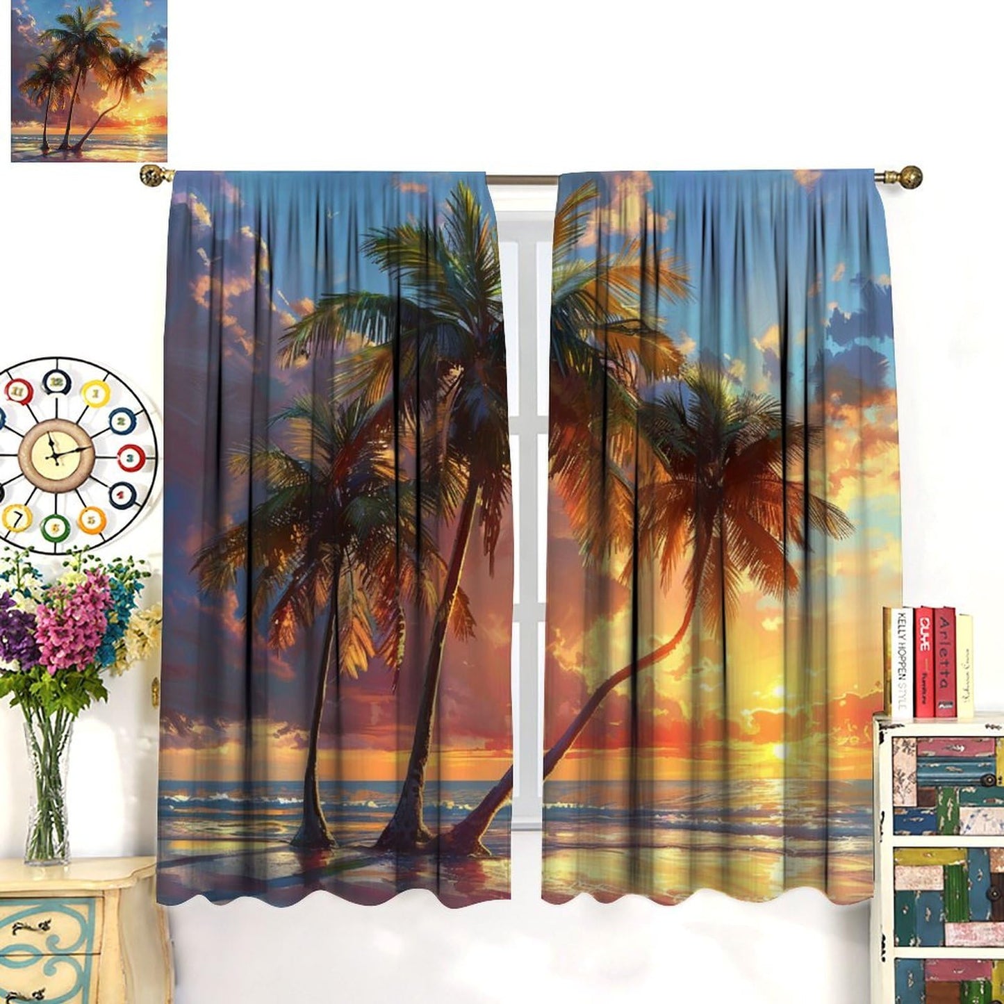 DIPQIMI Watercolor Landscape Blackout Curtains, Sky Nature Sunset Palm Trees Curtains Rod Pocket Thermal Insulated Window Drapes for Bedroom/Living Room, 21W x 45L, 2 Panels