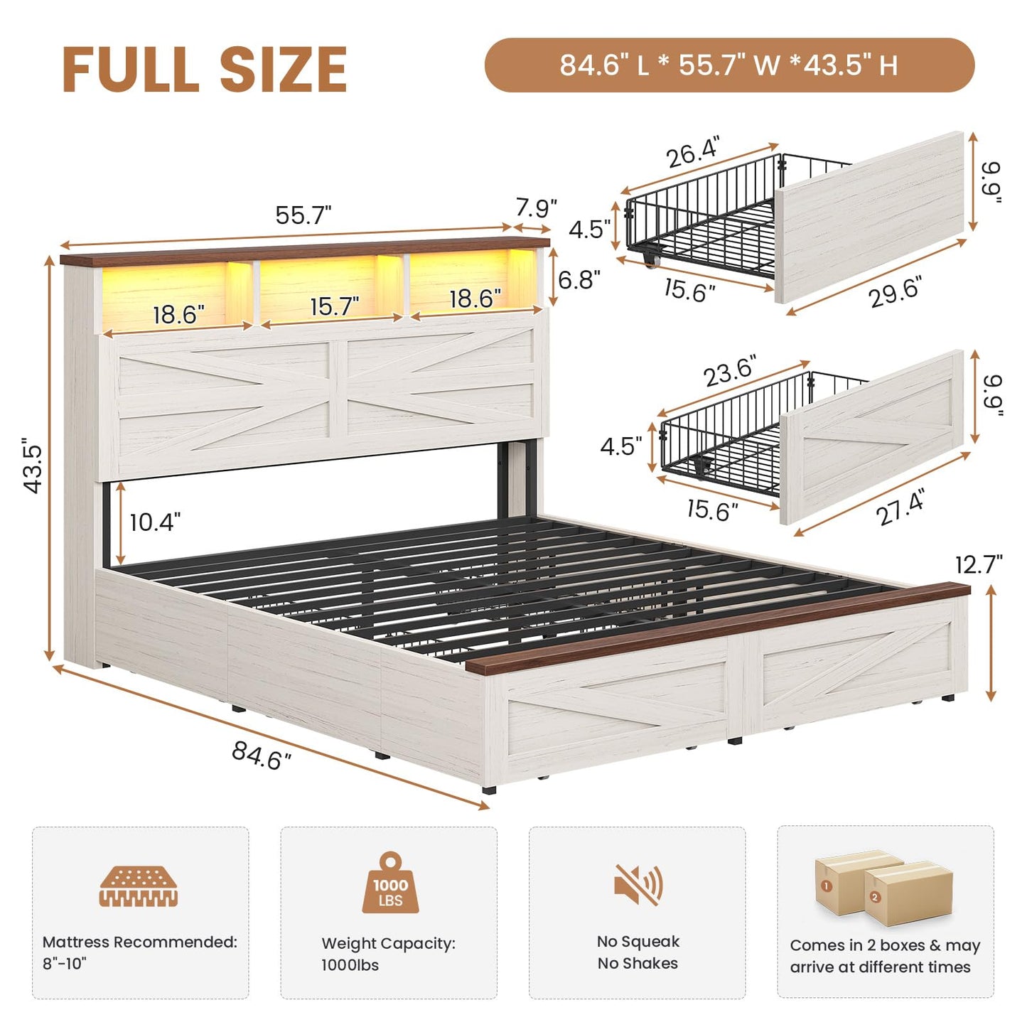 VIAGDO Full Size Bed Frame with 6 Drawers, Farmhouse Bed Frame with Barn Door Headboard and Storage, Wood Platform Bed Frame Full Size with Charging Station and LED Lights, No Box Spring Needed, White