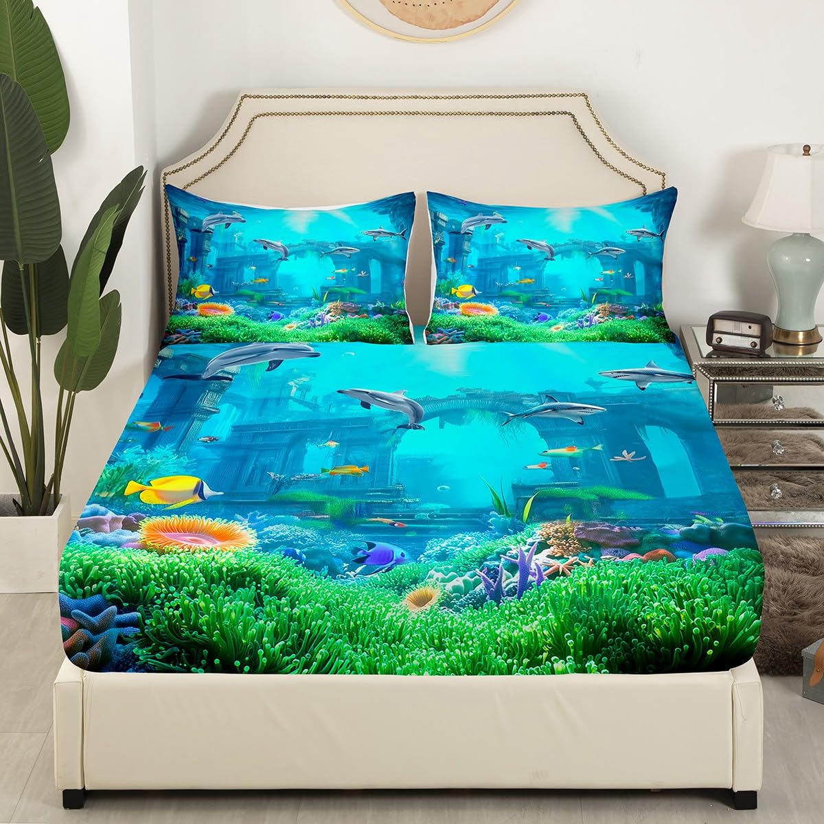 Erosebridal 3D Underwater World Bed Sheets Beach Fish Sea Blue Sheet Set Full Size, Shark Dolphin Fitted Sheet for Kids Child, Jellyfish Starfish Flat Sheet Tropical Sealife Bedroom Decor
