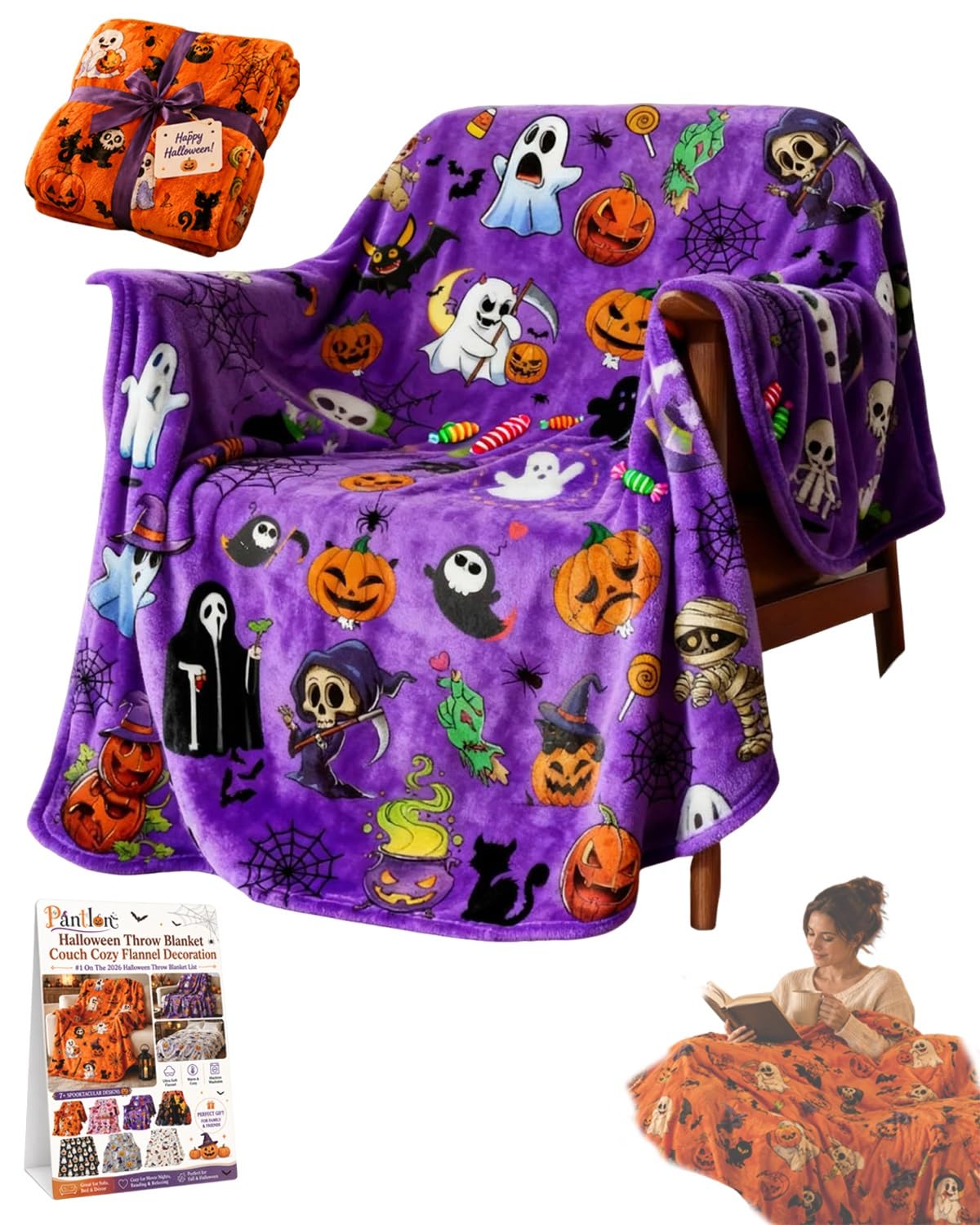 Halloween Throw Blanket Couch Cozy Flannel Decoration for Party Bed Soft Flannel Ghost Blanket Halloween Harvest Gifts Horror Ghost Bat Pumpkin(Model3,60x80in)