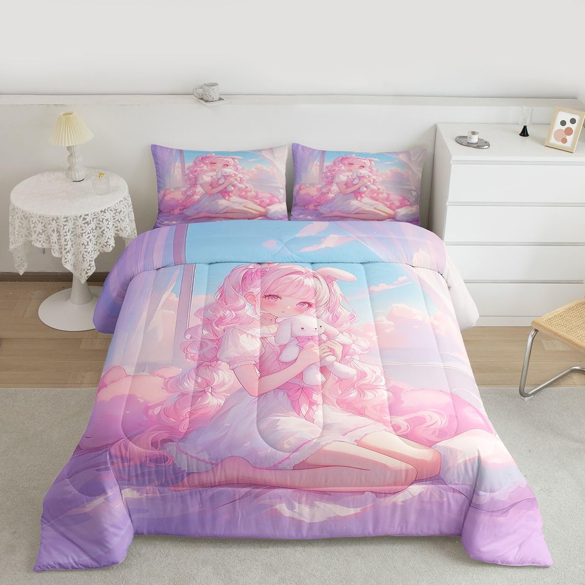 Erosebridal 3D Japanese Girl Bedding Sets Twin - Romance Style Comforter Set for Kids Adults Japanese Anime Girly Duvet Insert Anime Gifts Quilt