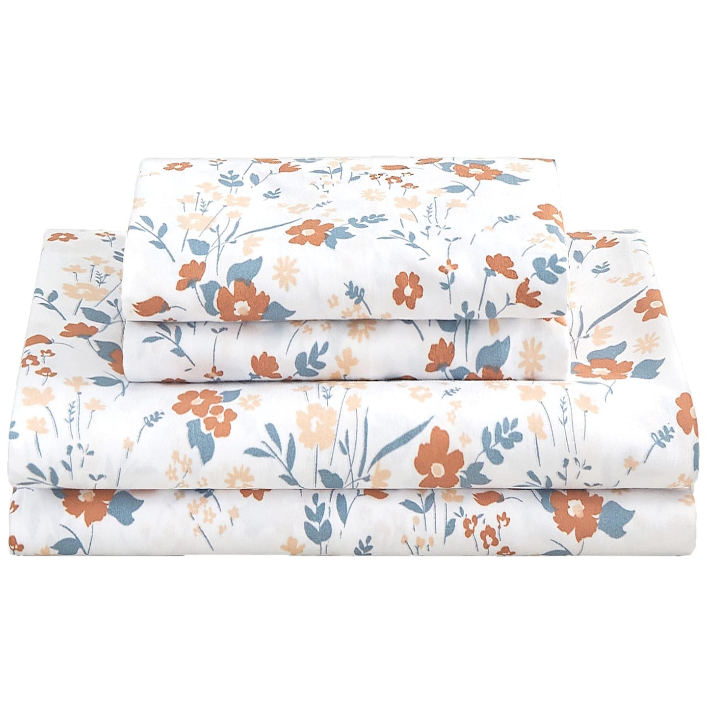 Softan Floral Full Sheet Set, Orange Flower Printed Bed Sheets - 4 Piece Soft Microfiber Patterned Fitted Sheets with 15" Deep Pocket & Non-Slip Straps, Cute Flower Sheets & Pillowcase Set