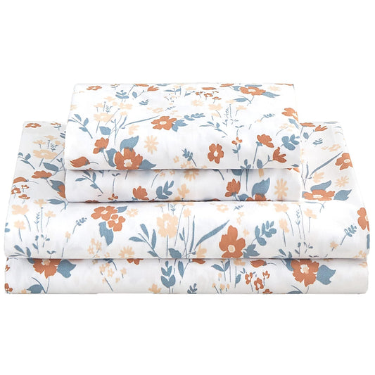Softan Floral Full Sheet Set, Orange Flower Printed Bed Sheets - 4 Piece Soft Microfiber Patterned Fitted Sheets with 15" Deep Pocket & Non-Slip Straps, Cute Flower Sheets & Pillowcase Set