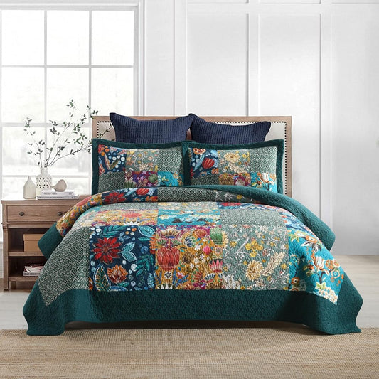 ENASAL Cotton Bedspread Quilt Sets Reversible Bedding Coverlet Sets Comforters, Patchwork Vintage Floral Turquoise Bedspread, Queen Size