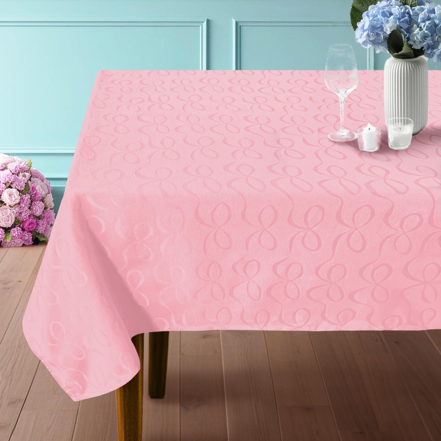 Elegant Tablecloth Rectangle, 60"x120", 1PC Washable Table Cloth for 9ft Table (10-12 Seat) - Cotton Polyester, Wrinkle Resistant, Pink Table Cloths for Valentine's Day & Celebration, Luxury Bows