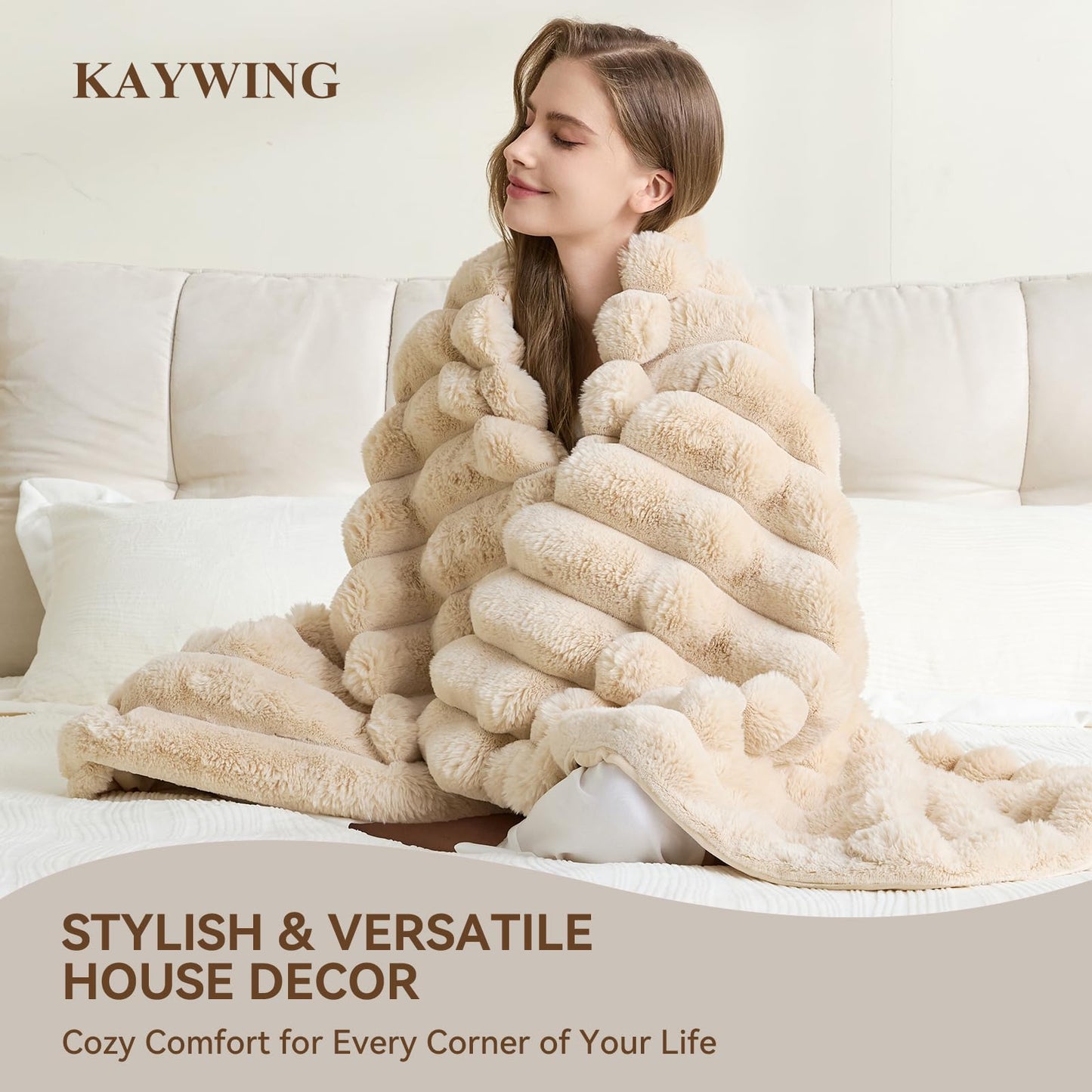 KayWing Faux Fur Throw Blanket: Beige Reversible Ultra Soft Rabbit Wide Strip Fleece - Luxury Fluffy Blanket for Sofa Bed Decor - Throw Size 50"x 60"