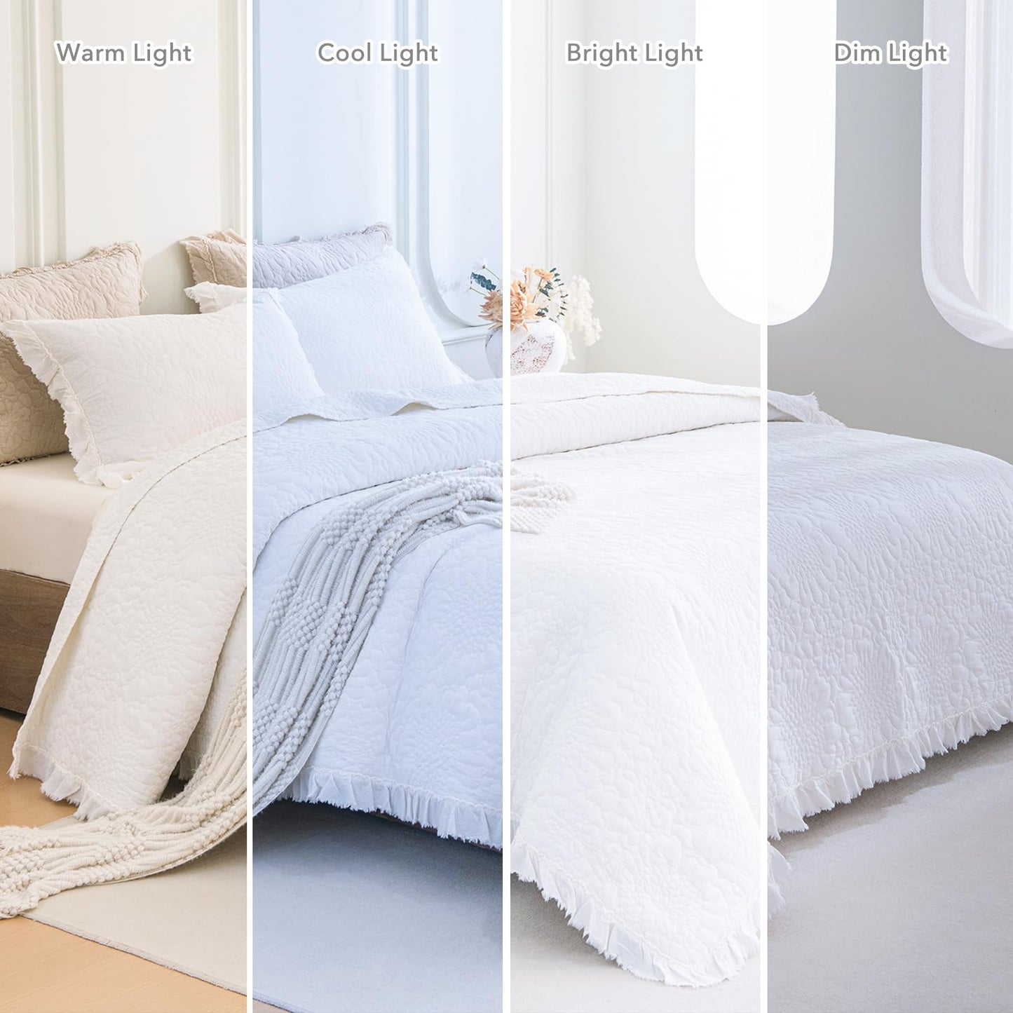 QSH Bright White Stonewashed Cotton Oversized King Quilt Bedspread Set(120"x120"),3PCs Shabby Ruffled Quilt California King,Ultra Soft Lightweight Crinkled Farmhouse Chic Bedspread Coverlet Bed Set