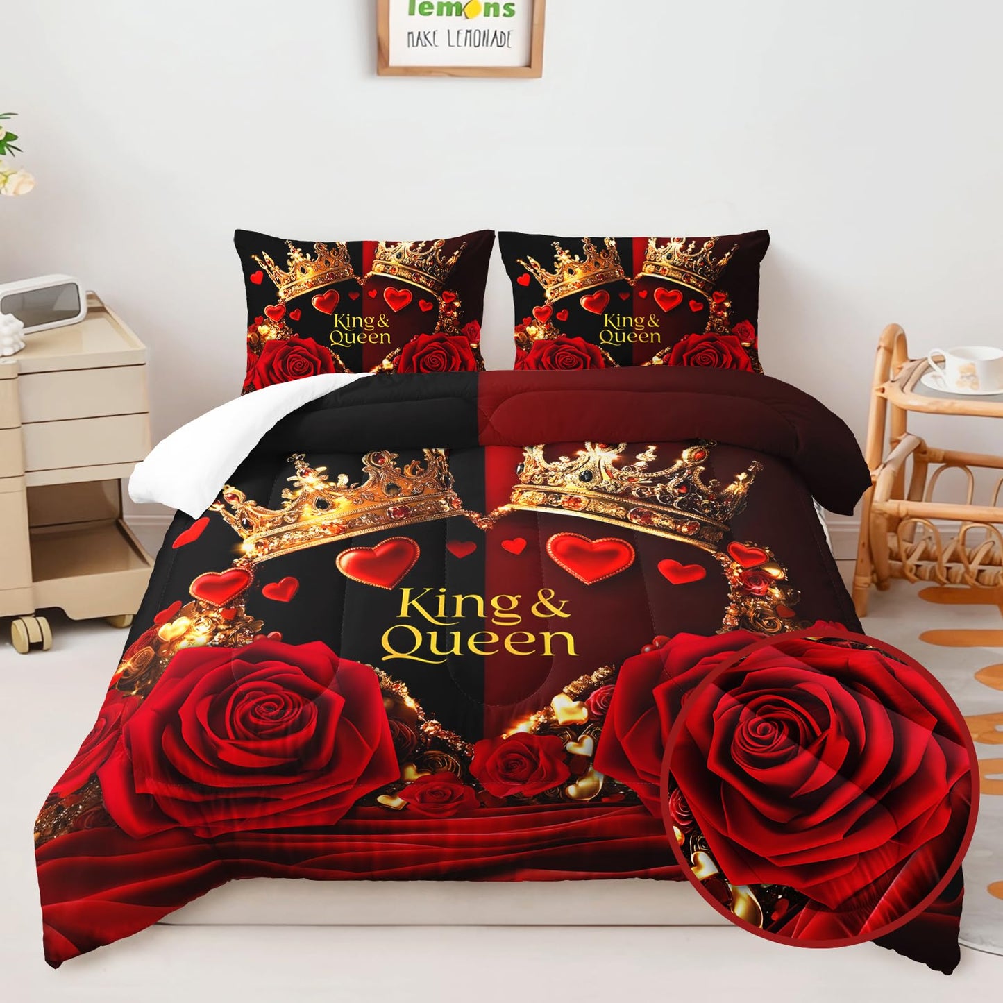 AILONEN Red and Black Rose Comforter Set Queen Size,Glod Crown Couple Bedding Set for Room,Romantic Flower Theme with 2 Pillowcases,3Pcs