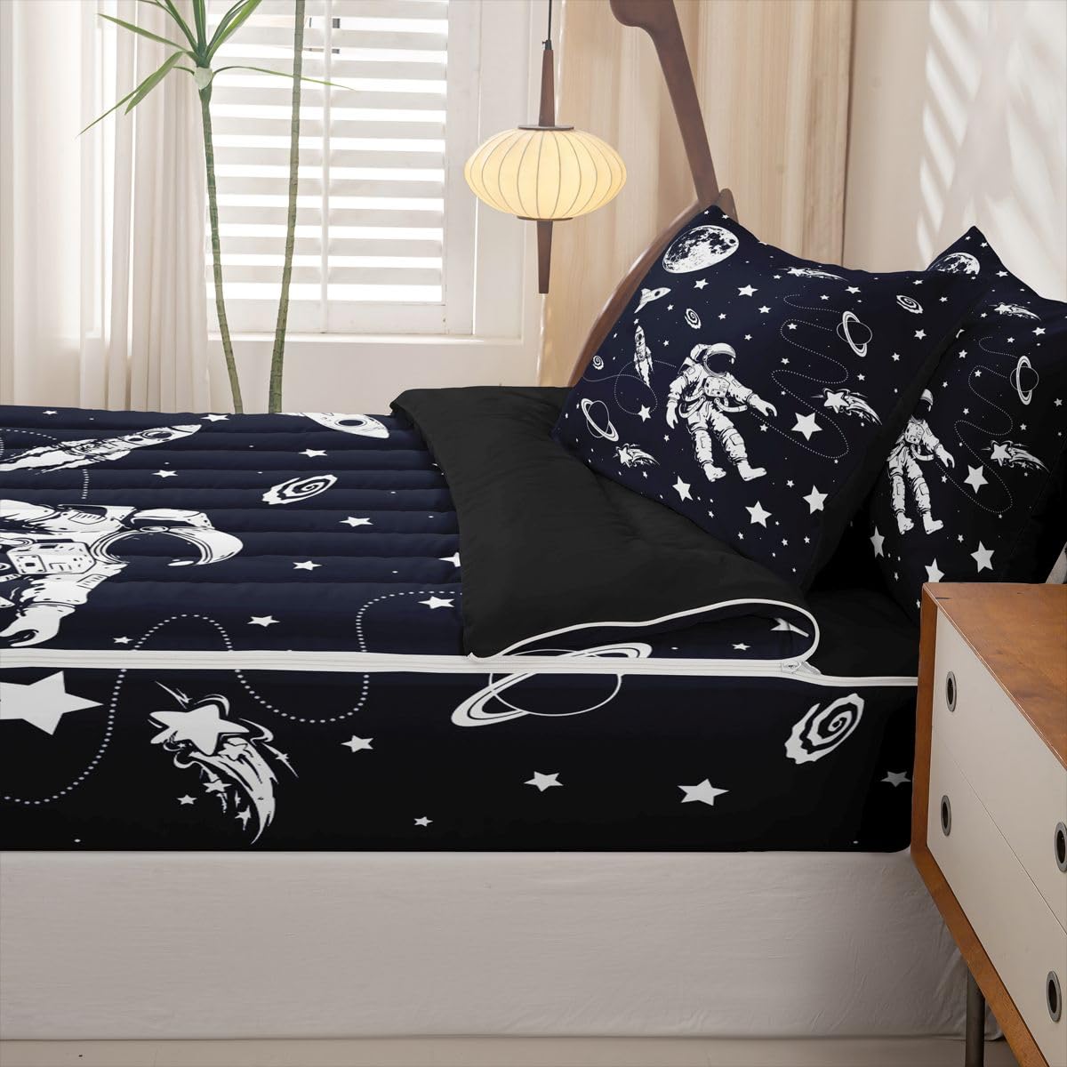 Feelyou Solar System Queen Comforter Set with Fitted Sheet Outer Space Zipper Bedding for Kids Teens Adults Universe Planets Zipper Bedding Sets Cute Astronaut Blue White Bed in A Bag Room Decor
