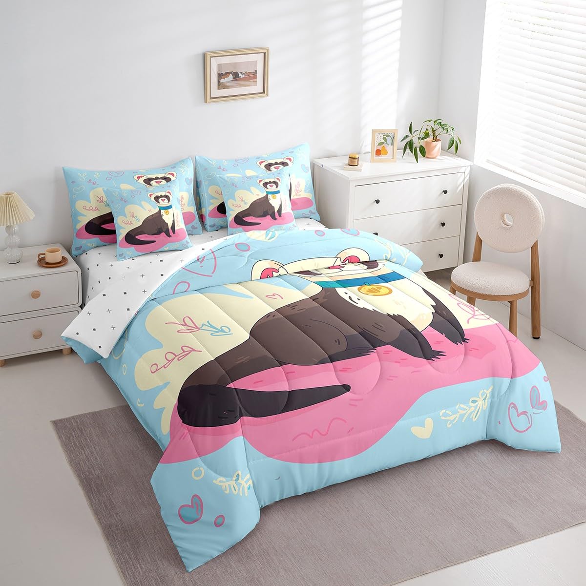 Erosebridal Ferret Comforter Set 7 Piece Bed in a Bag Twin,Cartoon Wildlife Pet Minks Weasel Animal Bedding Sets Kawaii Wild Animals Sheet Set with Comforter