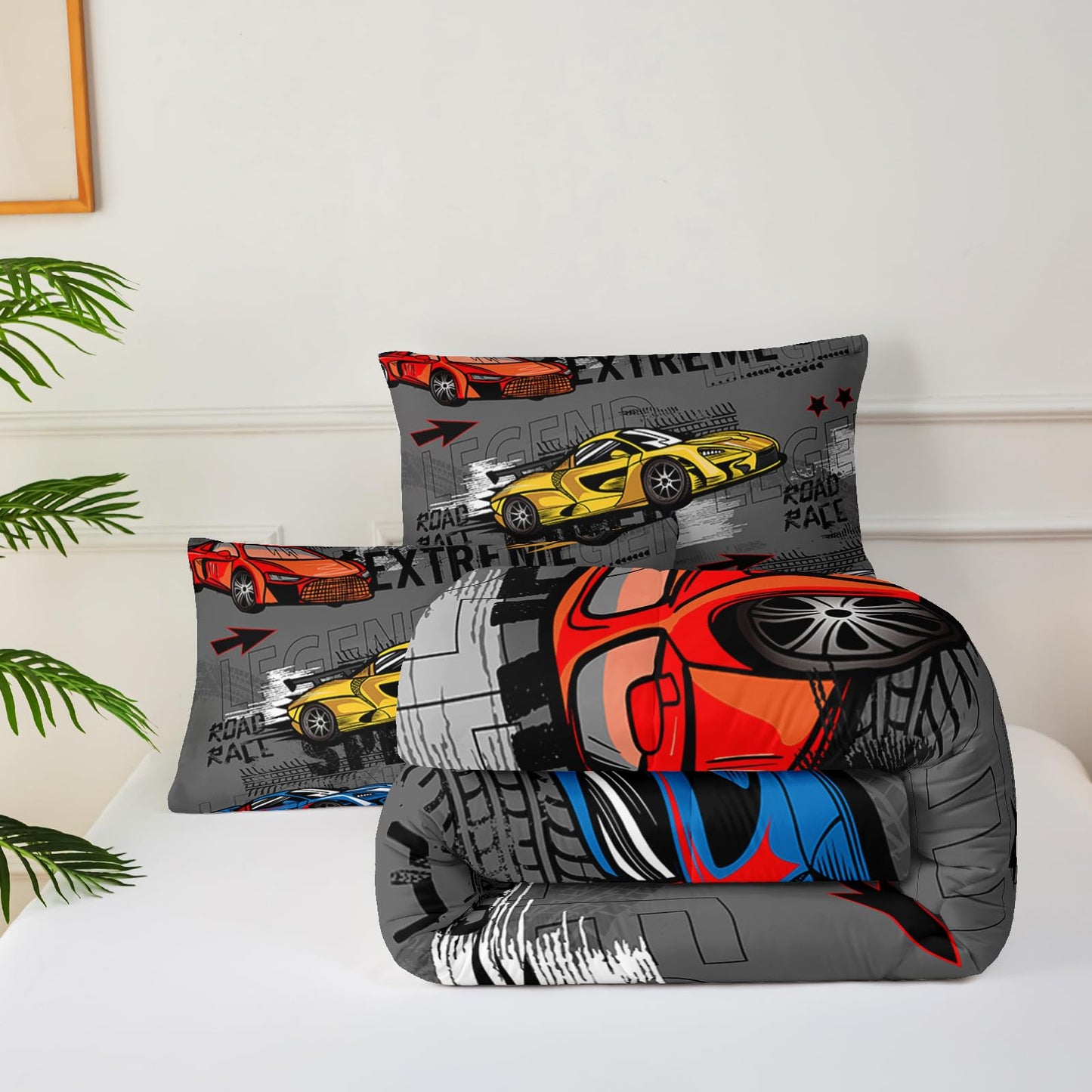 lneffble Race Car Full Comforter Set for Boys，Race Car Full Bedding Sets for Boys，Hot Wheels Cars Full Bedding Set，Theme Room Decor