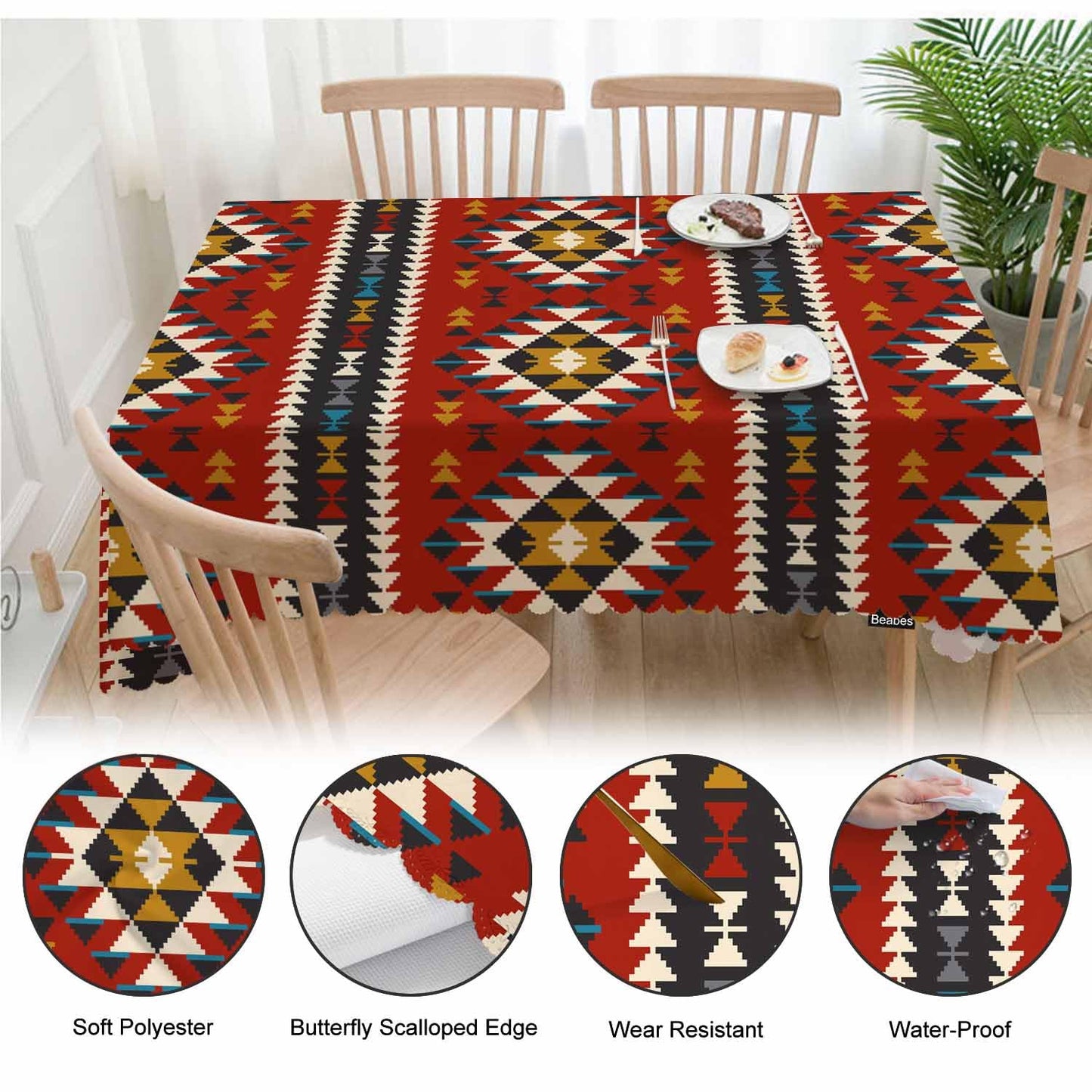Beabes Ethnic Aztec Decorative Table Cover for Kitchen, Tribal American Geometric Pattern Oblong Tablecloth Dining Table Cloth Tabletop Tablecloths for BBQ Picnic Coffee 52"X70" Red