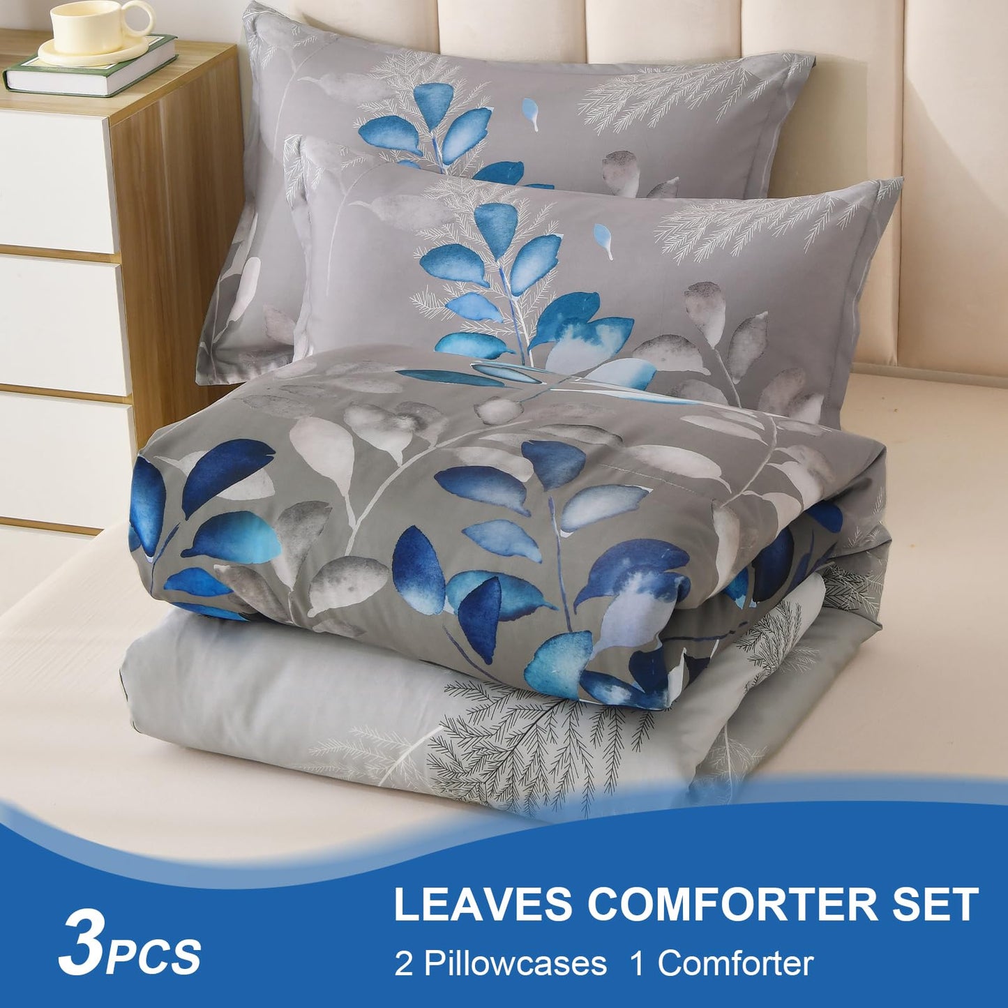 DJY King Size Comforter Set, Dark Grey Botanical Leaves Comforter Set King, 3 Pieces Reversible Blue Floral Bed Comforter Sets Soft Microfiber Bedding Comforter Set for All Season (90"x104")