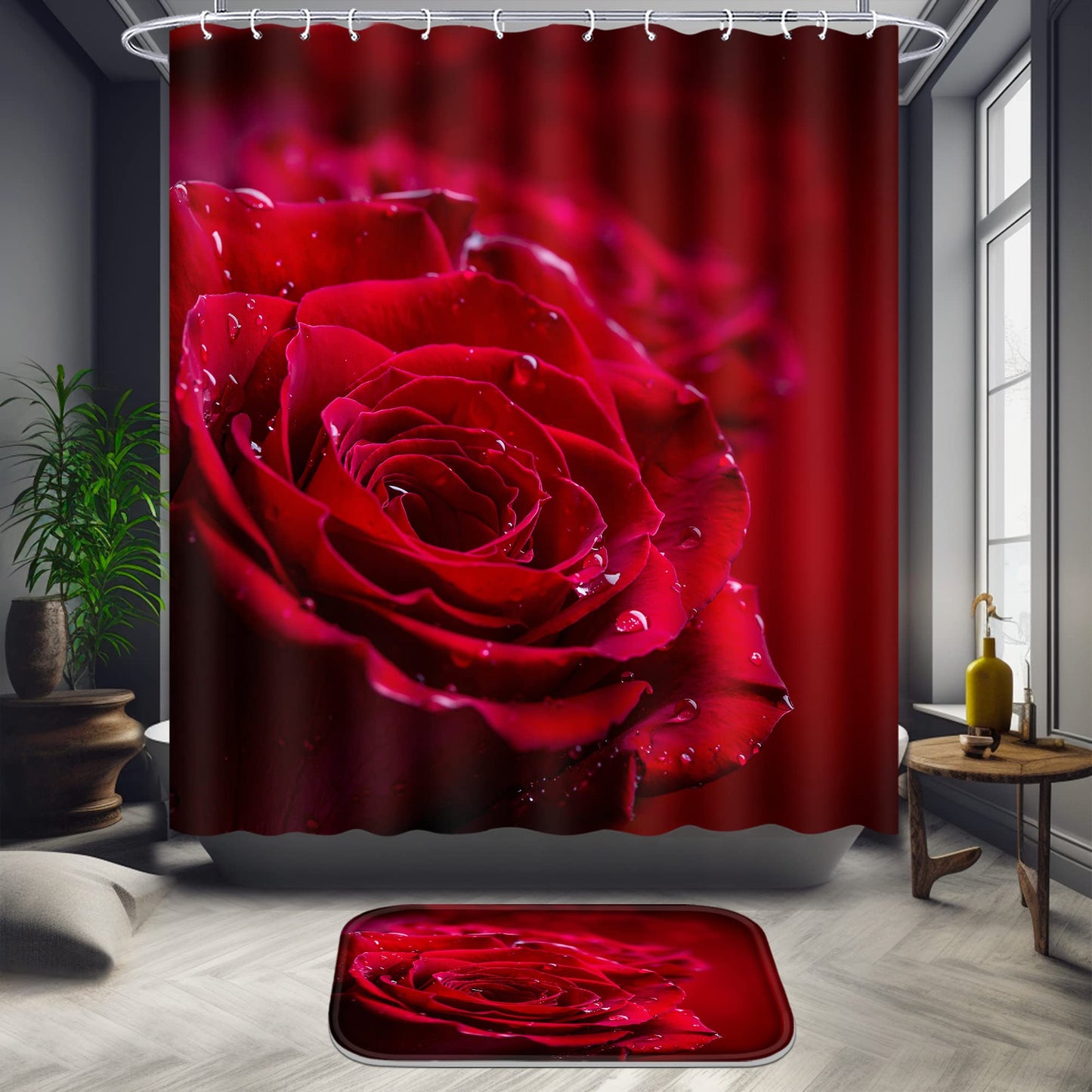 Poedist 4 Pcs Shower Curtain Set, Red Rose Bathroom Set,Romantic Shower Curtain Sets with Rugs(Bath Mat,U Shape and Toilet Lid Cover Mat) and 12 Hooks