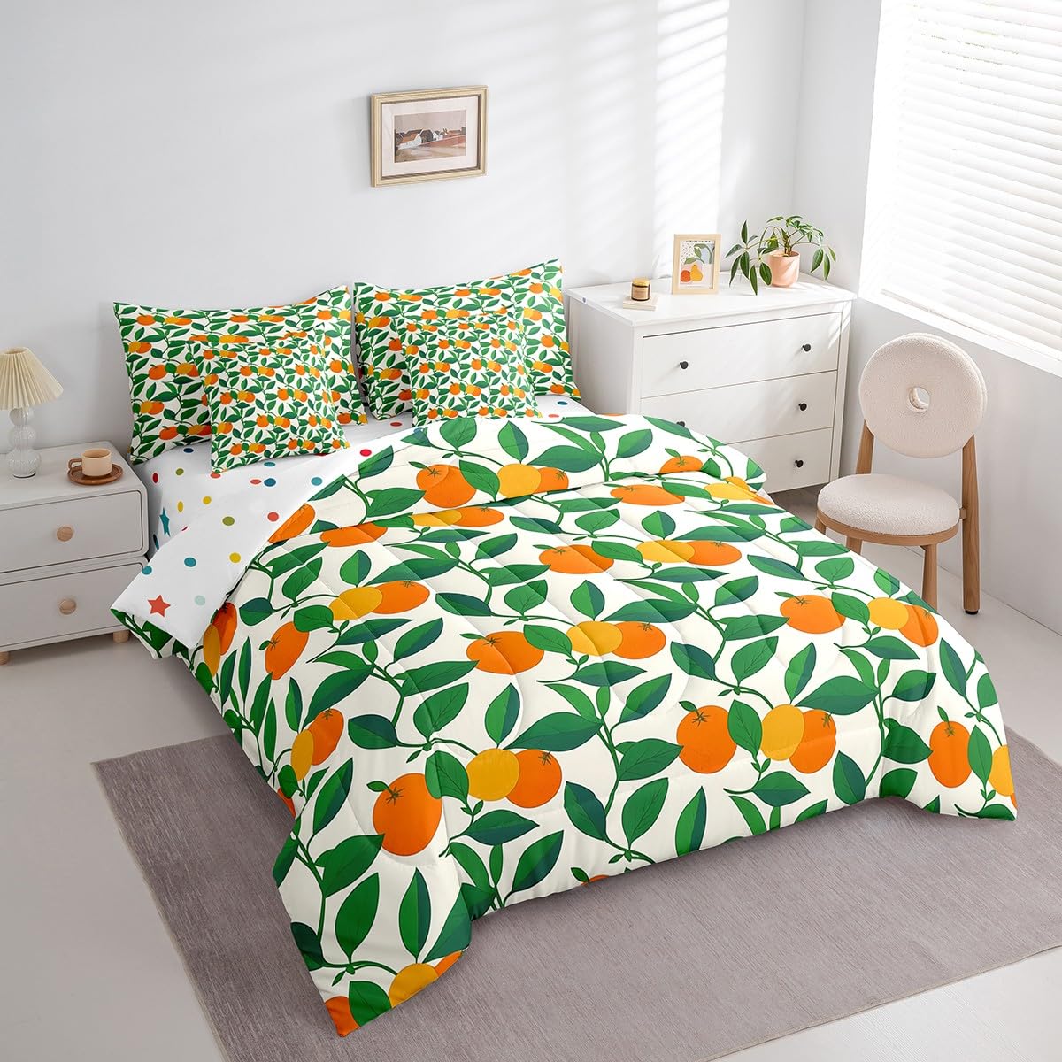 Orange Full Size Bed Sheets and Comforter Set,Kawaii Fruit 7 Piece Bedding Set Green Plant Leaves Bed in a Bag,Tangerine Orange Tropical Botanical Bed Sets