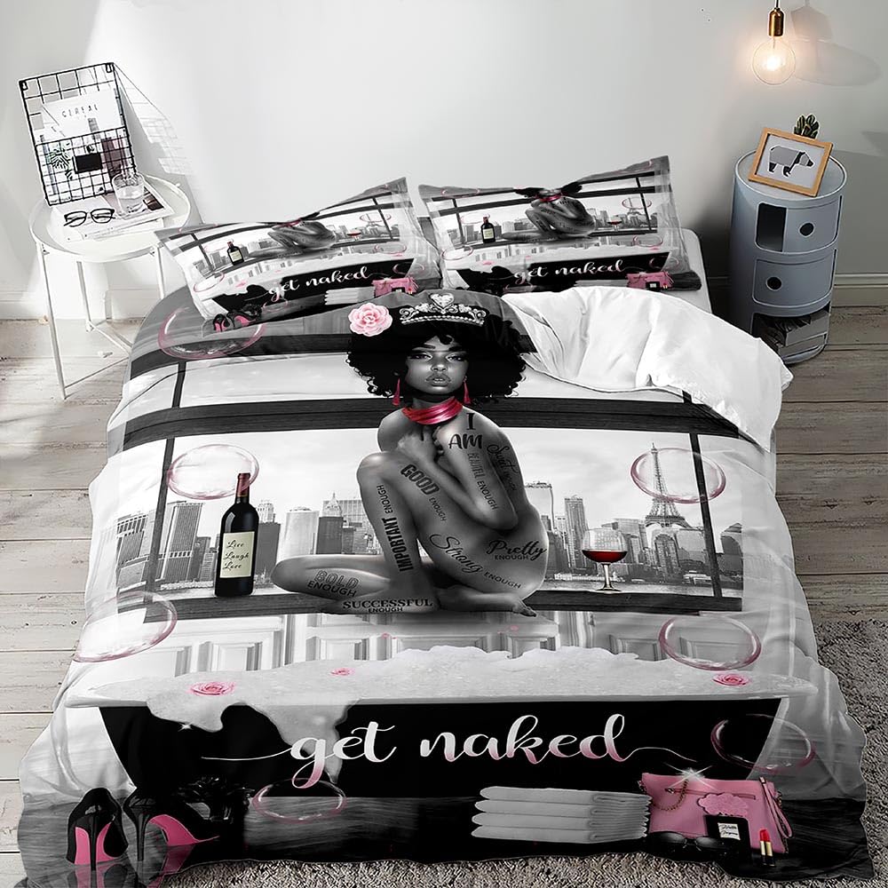 VIVIHOME 3PCS Sexy Black Girl Duvet Cover King Bedding Set, Preppy Bedding, Motivational African American Girls Comforter Cover, Apartment Dorm Room Decor, Inspirational Gifts for Women, 2 Pillowcases