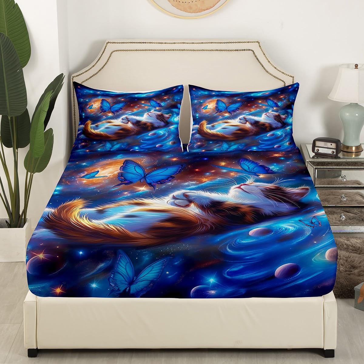 Kawaii Cat Kids Fitted Sheet Full Size,Planets Starry Sky Galaxy Bedding Set,Boys Girls Room Decor,Cartoon Butterfly Animal Rustic Farmhouse Bed Cover,Blue Bed Sheet,2 Pillowcases